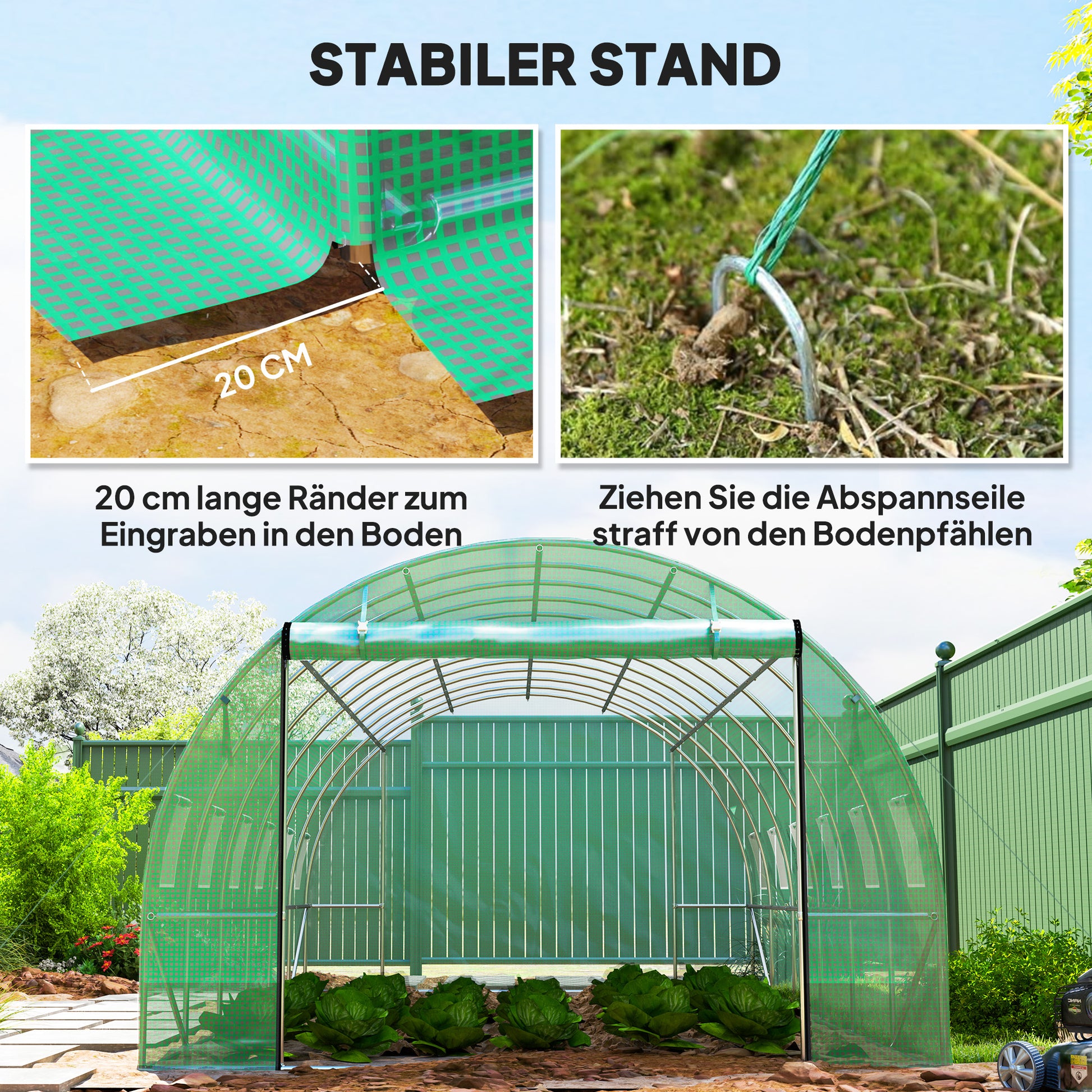 Greenhouse 300x600x200cm Foil Greenhouse Tomato House with Door, 12 Windows, Galvanized Steel Foil Tunnel, 170g/m² PE, Stable Plant Tunnel, Greenhouse incl. Ground Anchors & Ropes, Green
