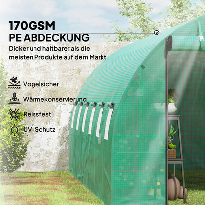 Greenhouse 300x600x200cm Foil Greenhouse Tomato House with Door, 12 Windows, Galvanized Steel Foil Tunnel, 170g/m² PE, Stable Plant Tunnel, Greenhouse incl. Ground Anchors & Ropes, Green