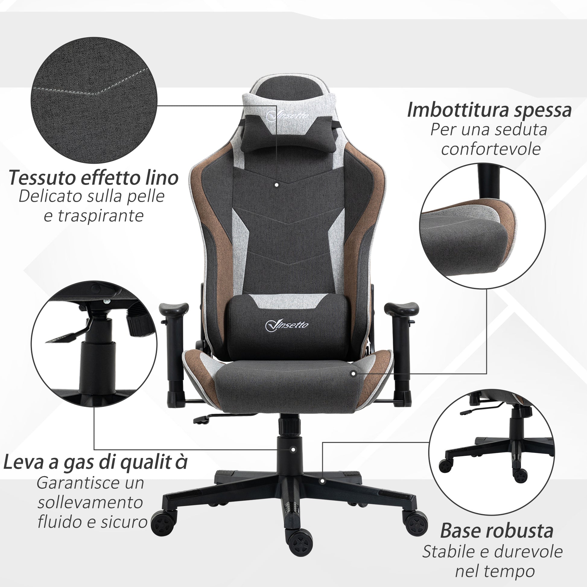 Ergonomic Gaming Chair with Armrests, Headrest, Adjustable Height, Reclining Office Gaming Armchair in Linen Effect Fabric with Rocking Function, Lumbar Support, Light Brown