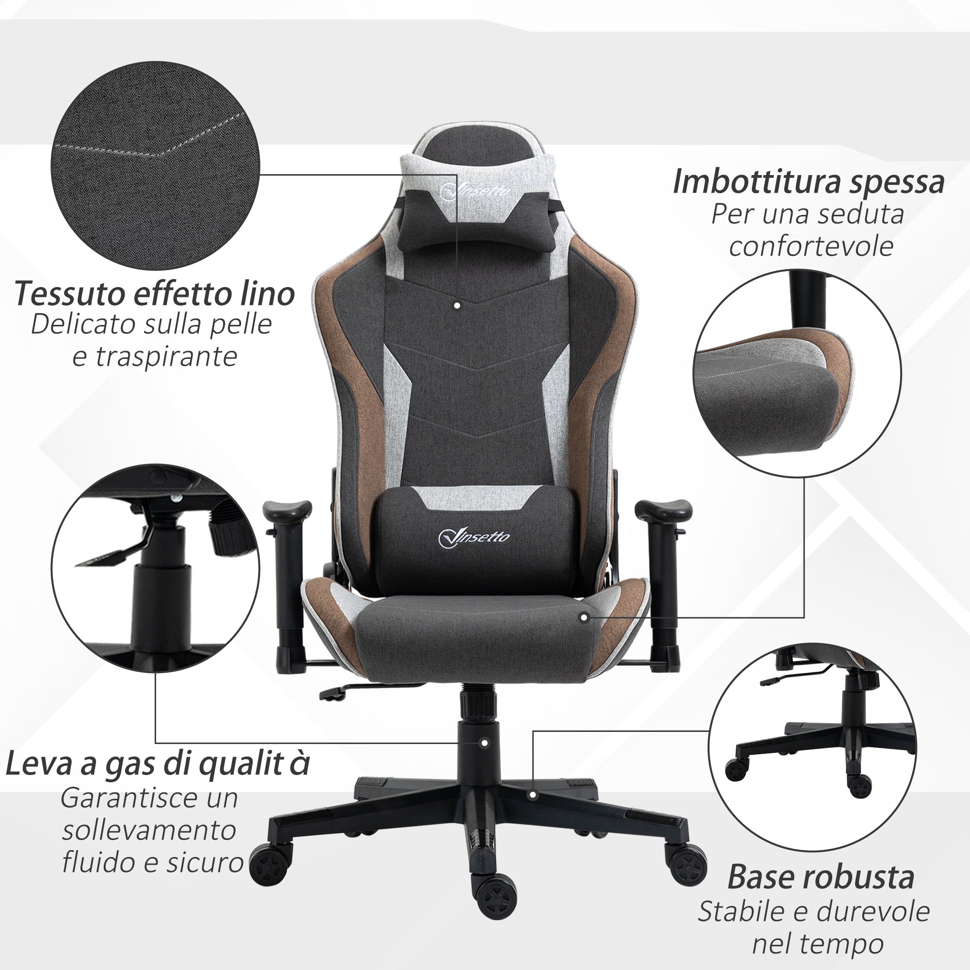 Ergonomic Gaming Chair with Armrests, Headrest, Adjustable Height, Reclining Office Gaming Armchair in Linen Effect Fabric with Rocking Function, Lumbar Support, Light Brown