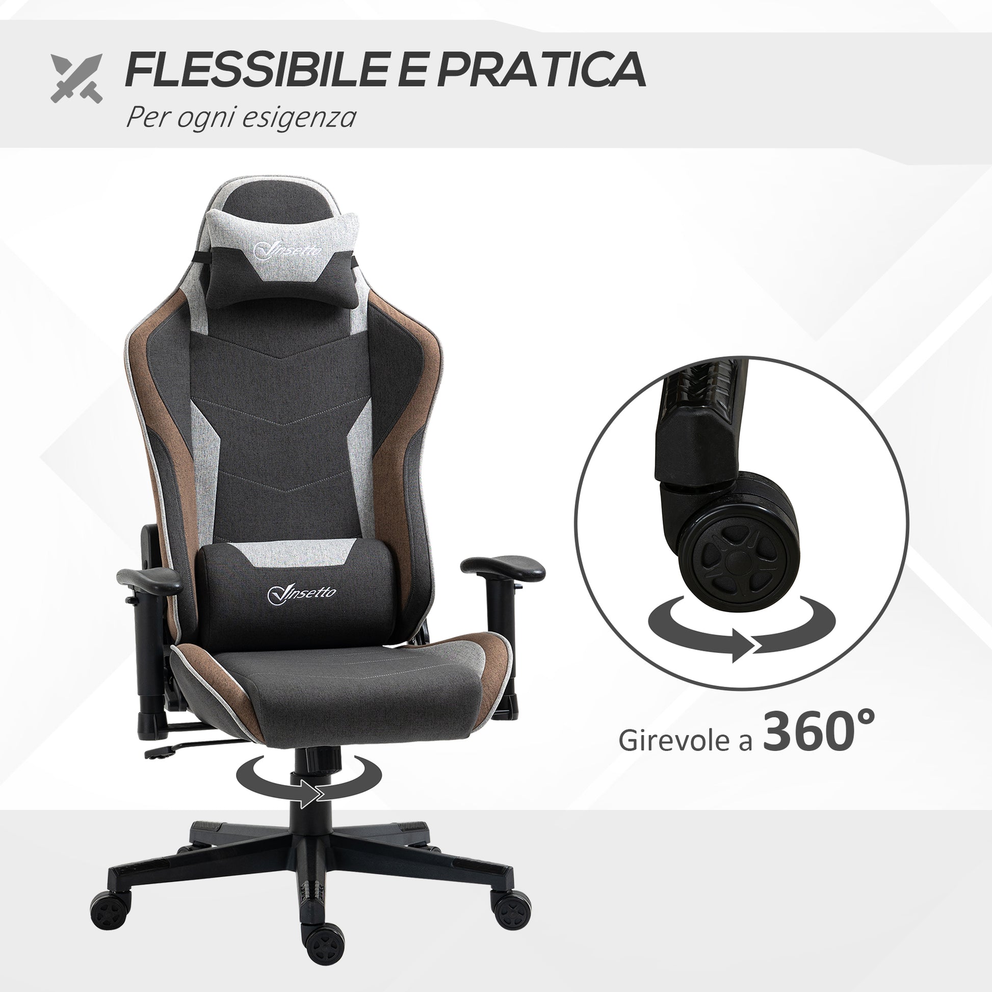 Ergonomic Gaming Chair with Armrests, Headrest, Adjustable Height, Reclining Office Gaming Armchair in Linen Effect Fabric with Rocking Function, Lumbar Support, Light Brown