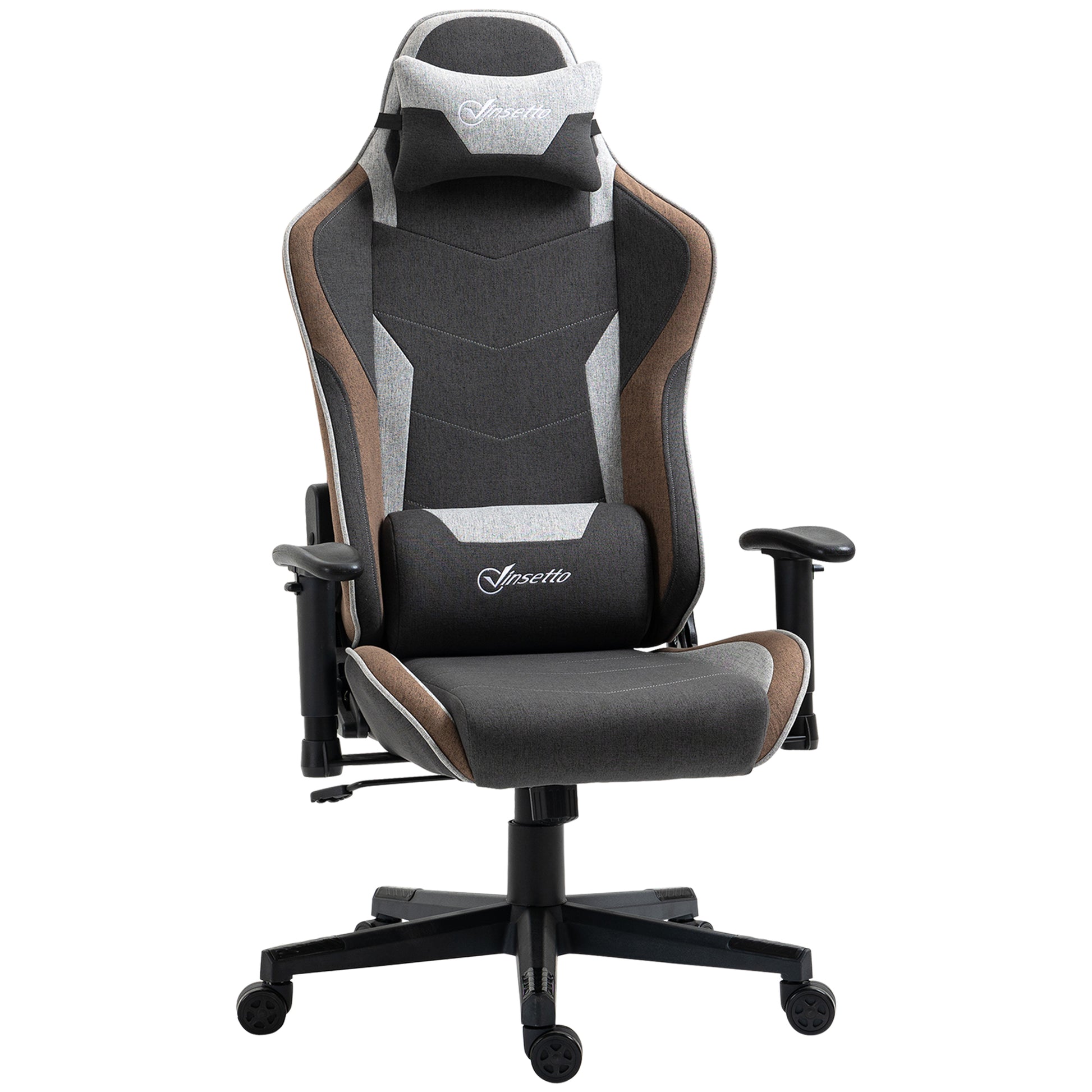 Ergonomic Gaming Chair with Armrests, Headrest, Adjustable Height, Reclining Office Gaming Armchair in Linen Effect Fabric with Rocking Function, Lumbar Support, Light Brown