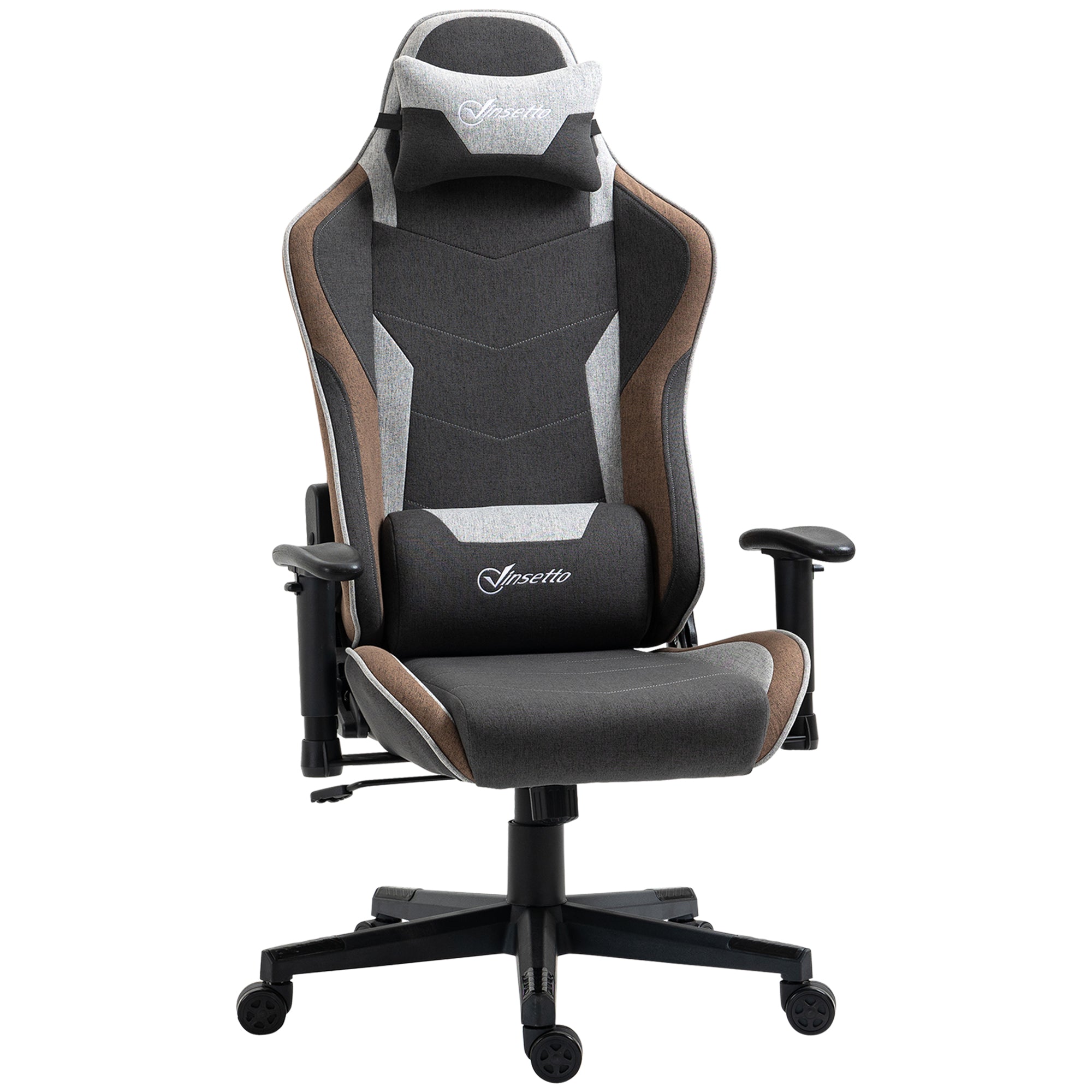 Ergonomic Gaming Chair with Armrests, Headrest, Adjustable Height, Reclining Office Gaming Armchair in Linen Effect Fabric with Rocking Function, Lumbar Support, Light Brown
