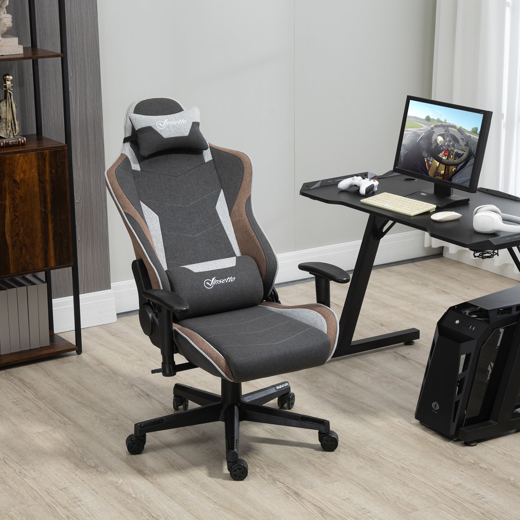 Ergonomic Gaming Chair with Armrests, Headrest, Adjustable Height, Reclining Office Gaming Armchair in Linen Effect Fabric with Rocking Function, Lumbar Support, Light Brown