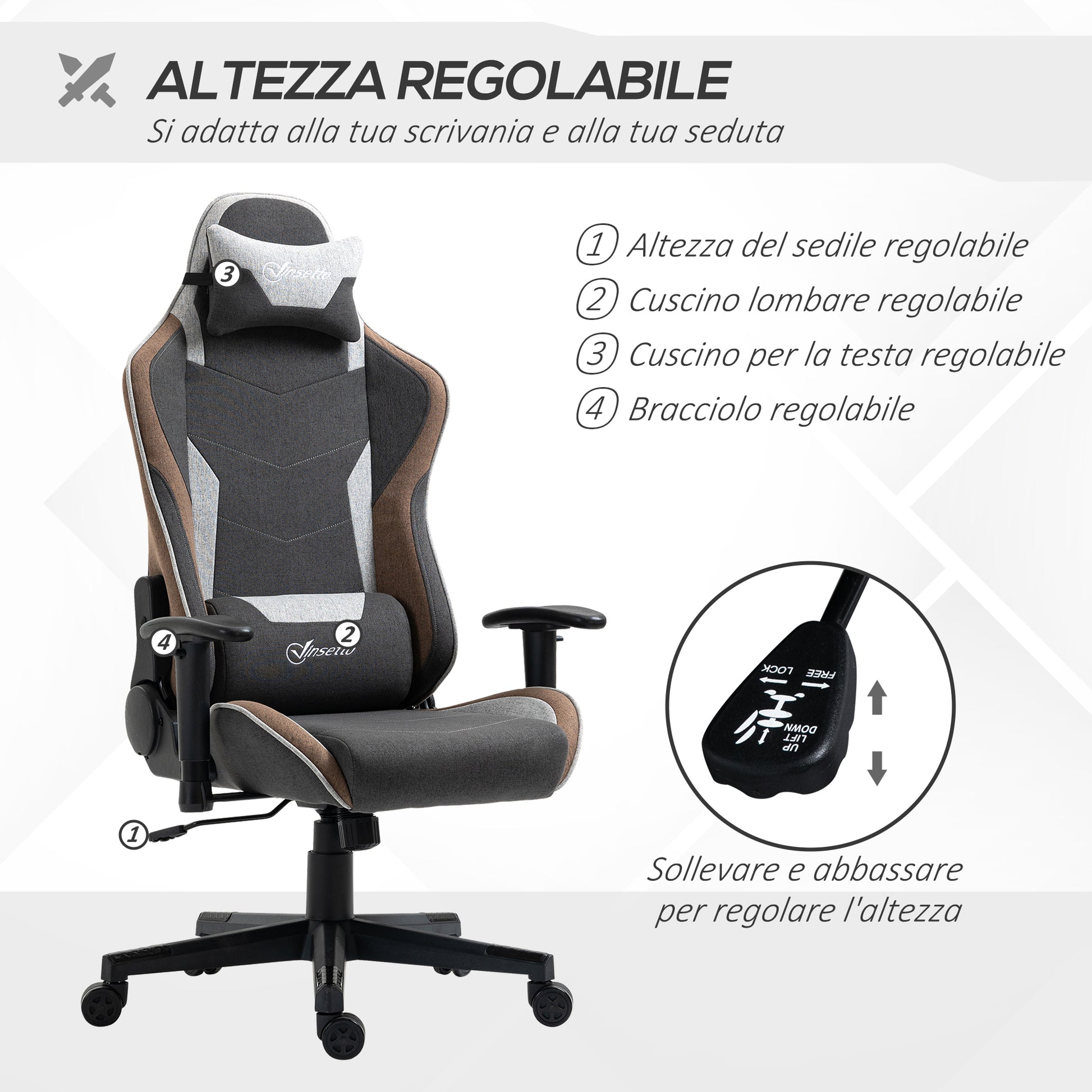 Ergonomic Gaming Chair with Armrests, Headrest, Adjustable Height, Reclining Office Gaming Armchair in Linen Effect Fabric with Rocking Function, Lumbar Support, Light Brown