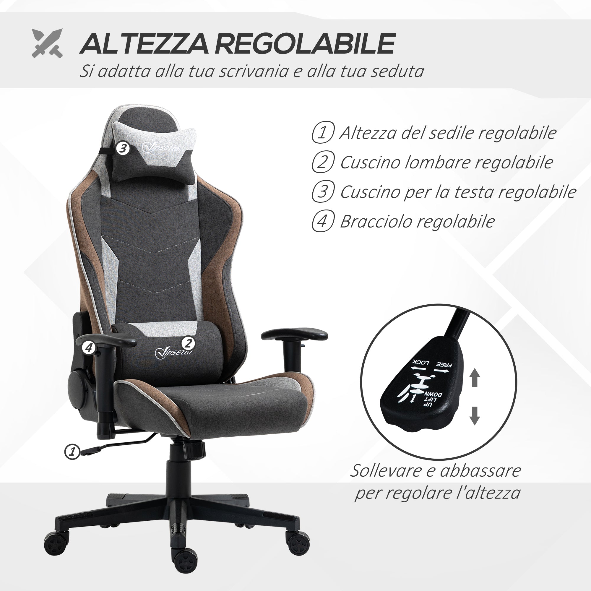Ergonomic Gaming Chair with Armrests, Headrest, Adjustable Height, Reclining Office Gaming Armchair in Linen Effect Fabric with Rocking Function, Lumbar Support, Light Brown