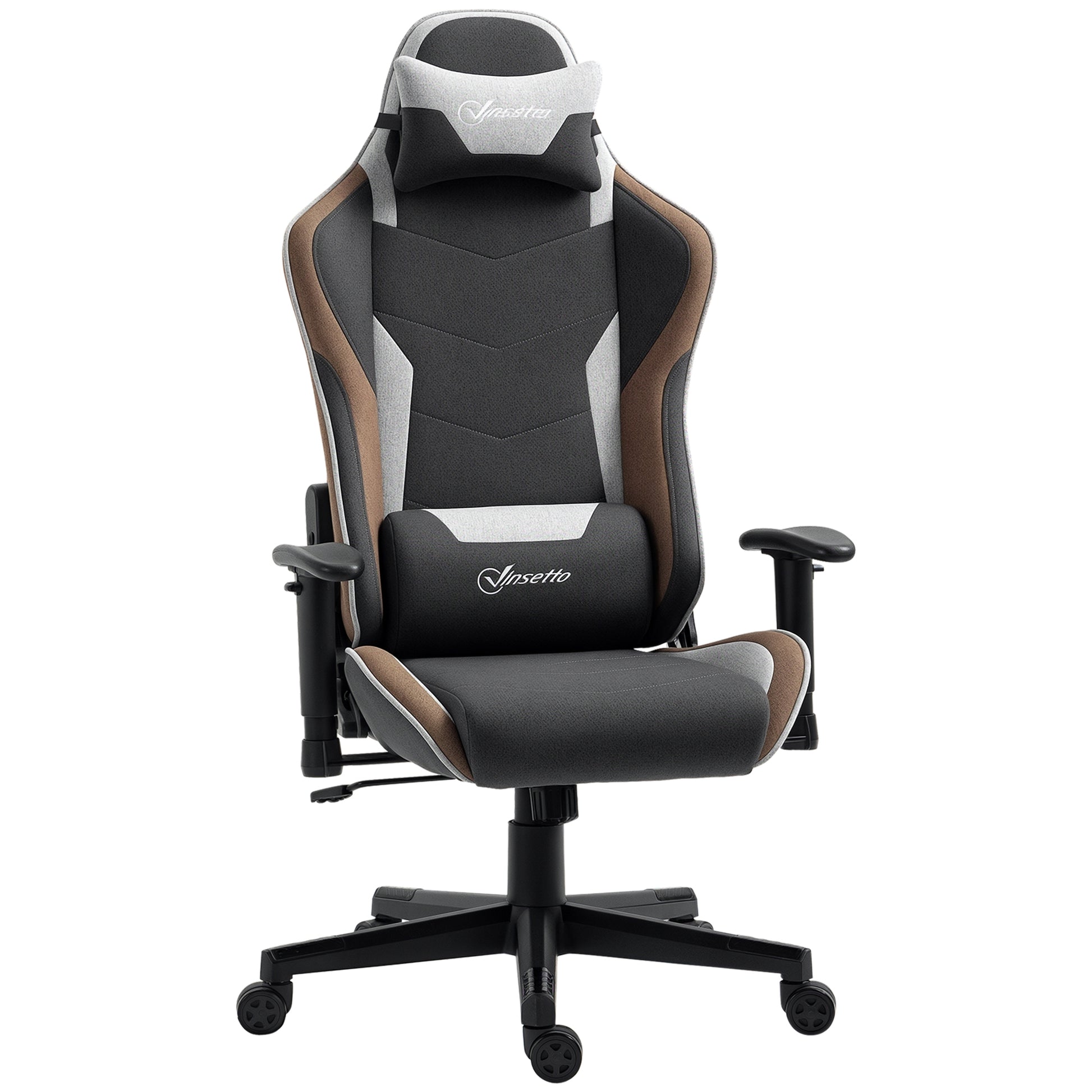 Ergonomic Gaming Chair with Armrests, Headrest, Adjustable Height, Reclining Office Gaming Armchair in Linen Effect Fabric with Rocking Function, Lumbar Support, Light Brown