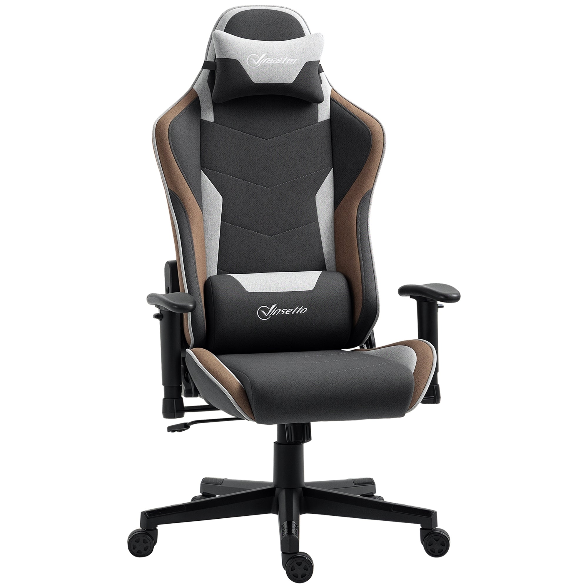 Ergonomic Gaming Chair with Armrests, Headrest, Adjustable Height, Reclining Office Gaming Armchair in Linen Effect Fabric with Rocking Function, Lumbar Support, Light Brown