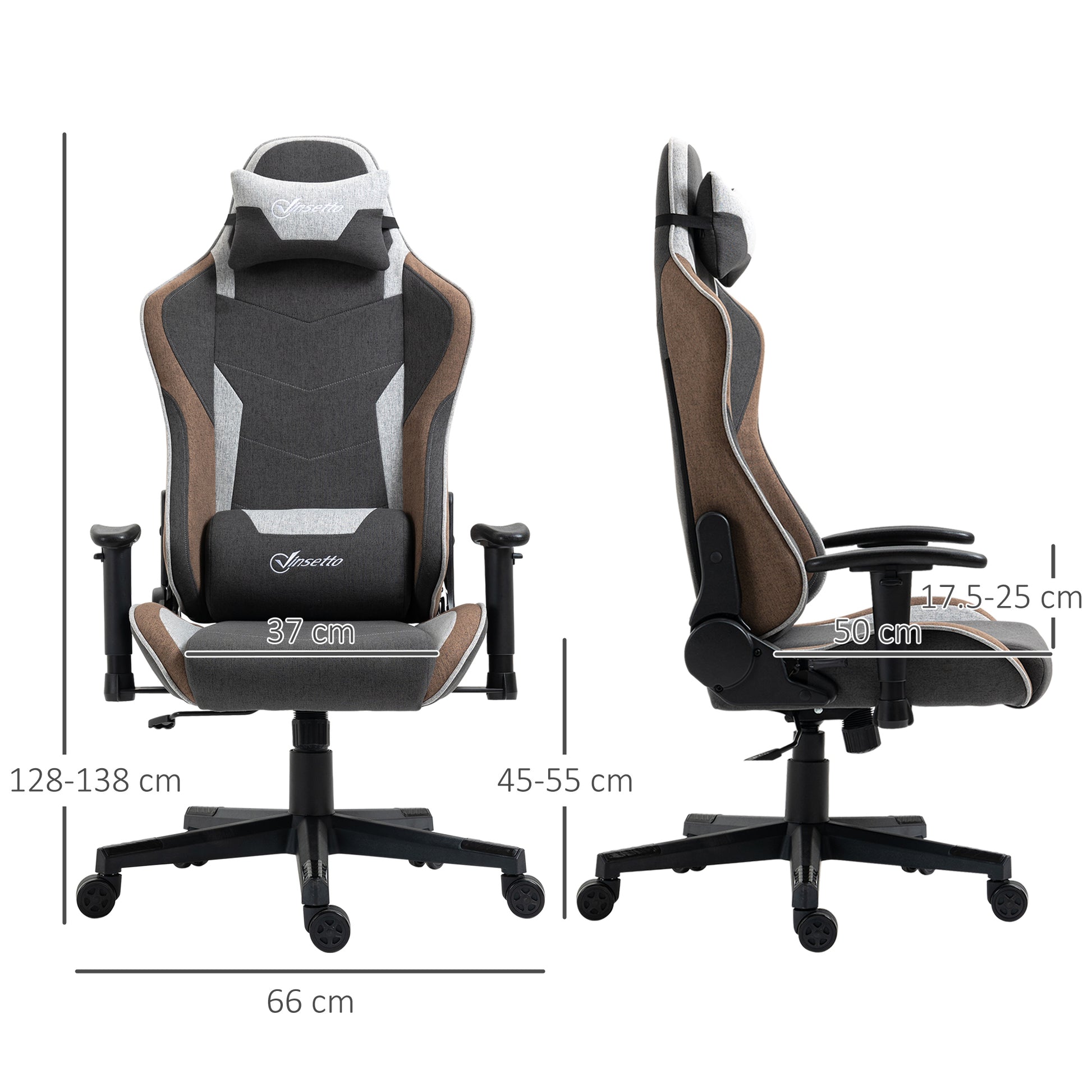 Ergonomic Gaming Chair with Armrests, Headrest, Adjustable Height, Reclining Office Gaming Armchair in Linen Effect Fabric with Rocking Function, Lumbar Support, Light Brown