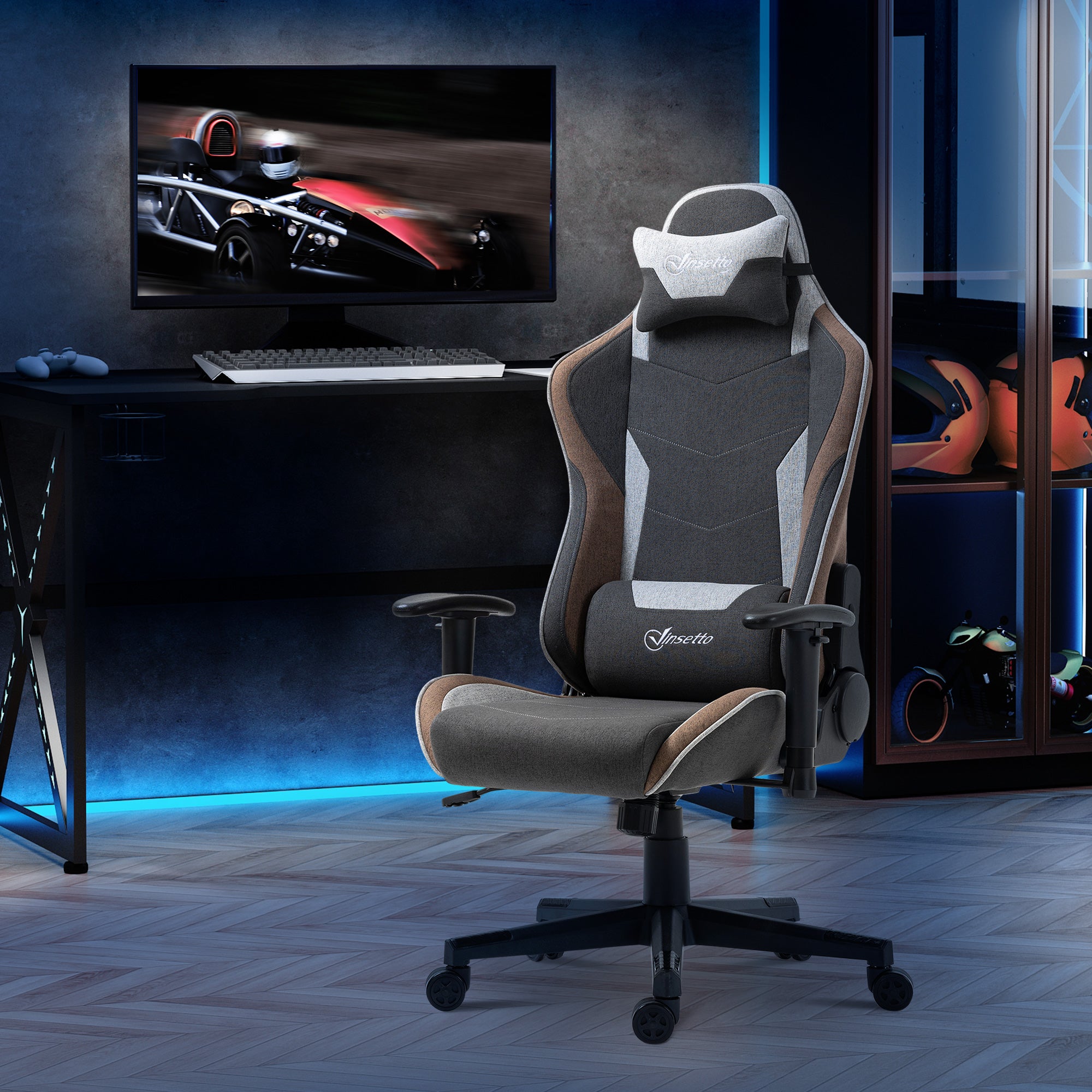 Ergonomic Gaming Chair with Armrests, Headrest, Adjustable Height, Reclining Office Gaming Armchair in Linen Effect Fabric with Rocking Function, Lumbar Support, Light Brown