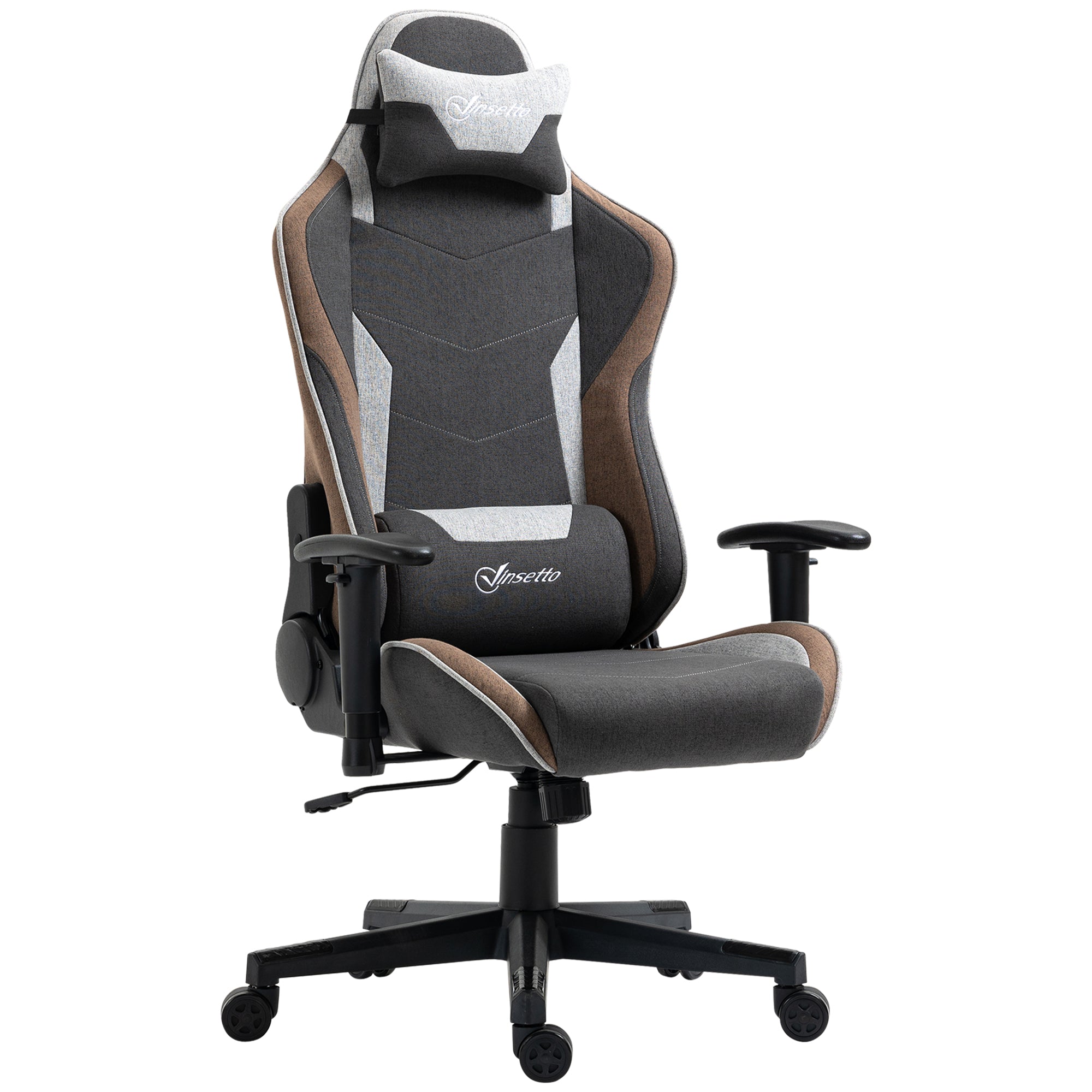 Ergonomic Gaming Chair with Armrests, Headrest, Adjustable Height, Reclining Office Gaming Armchair in Linen Effect Fabric with Rocking Function, Lumbar Support, Light Brown