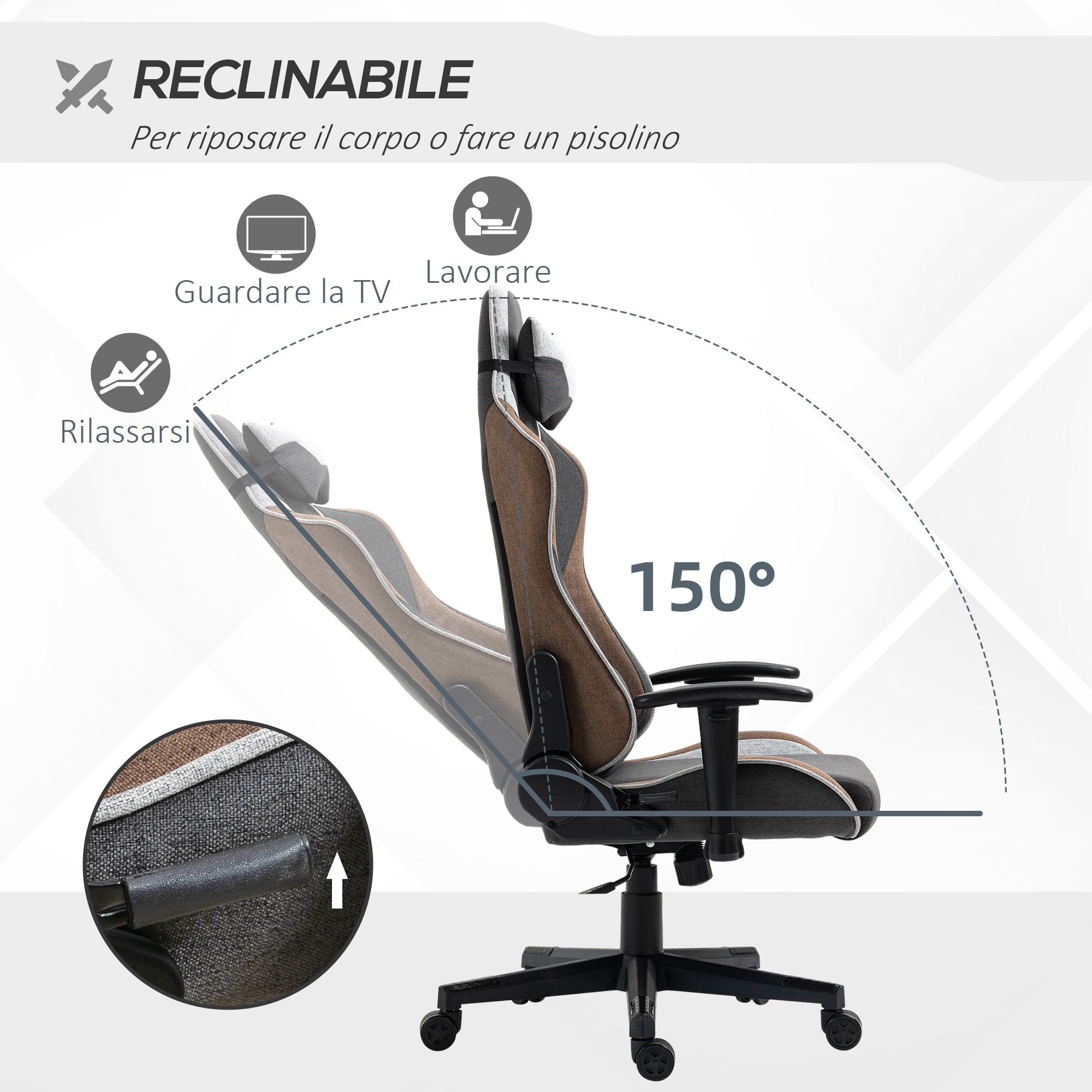 Ergonomic Gaming Chair with Armrests, Headrest, Adjustable Height, Reclining Office Gaming Armchair in Linen Effect Fabric with Rocking Function, Lumbar Support, Light Brown