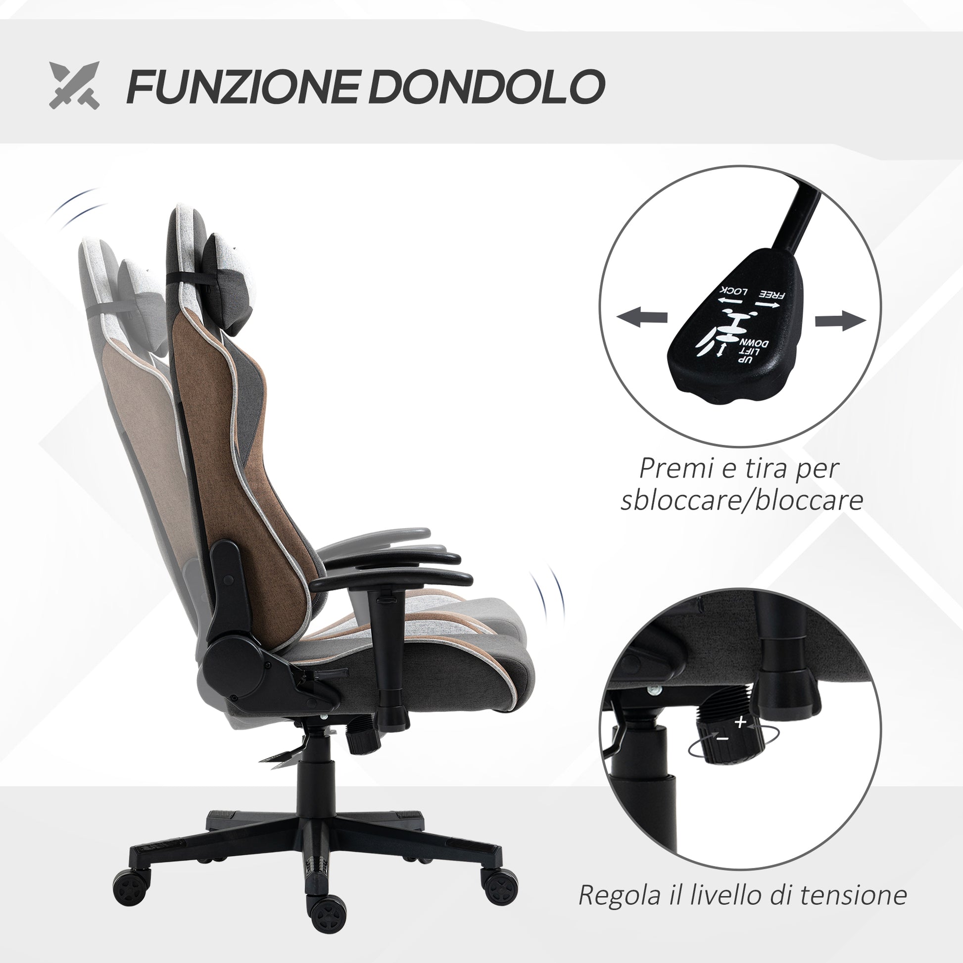 Ergonomic Gaming Chair with Armrests, Headrest, Adjustable Height, Reclining Office Gaming Armchair in Linen Effect Fabric with Rocking Function, Lumbar Support, Light Brown