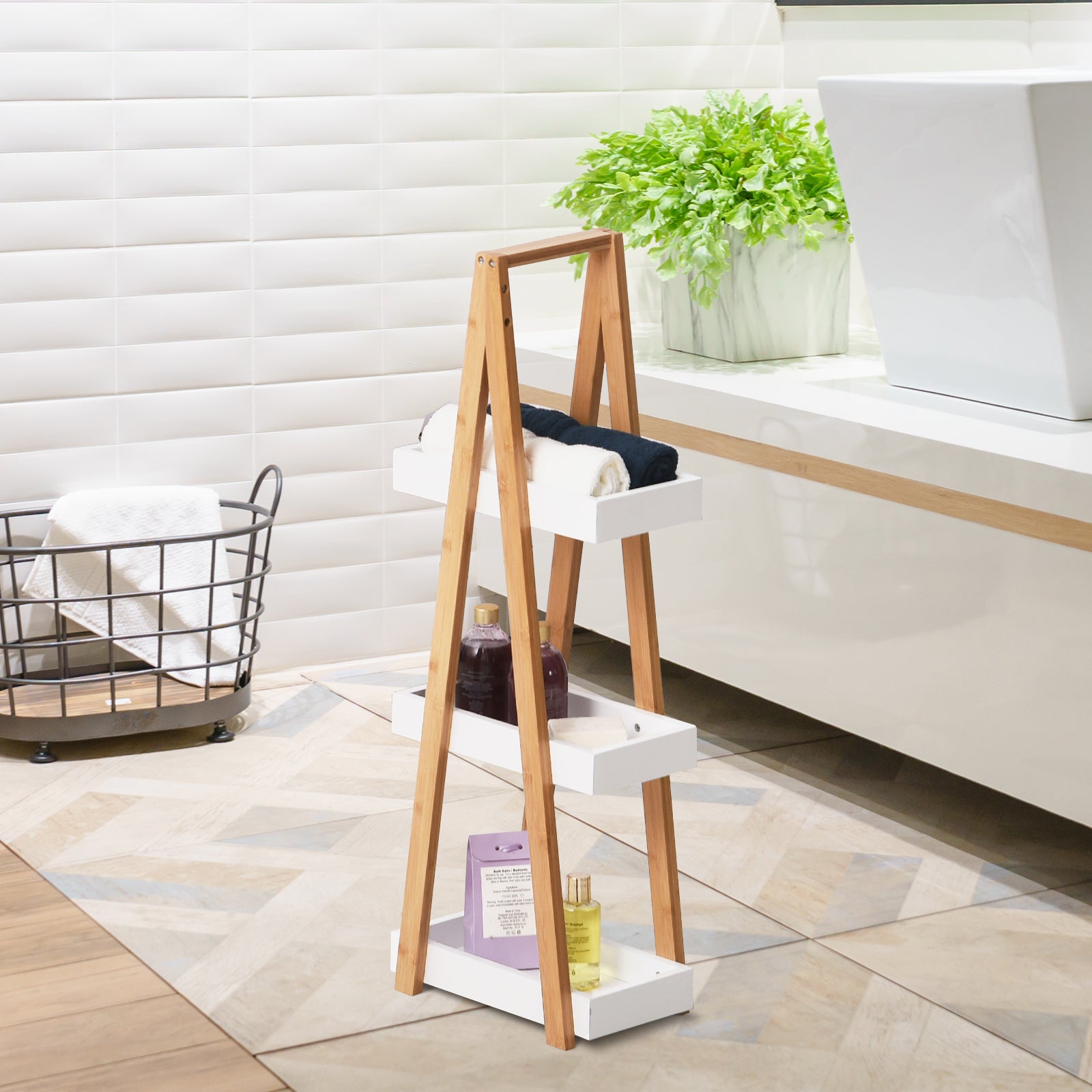Bamboo Bathroom Shelf with 3 Shelves Storage Shelf Wooden A-Frame 30x18x81 cm Natural and White
