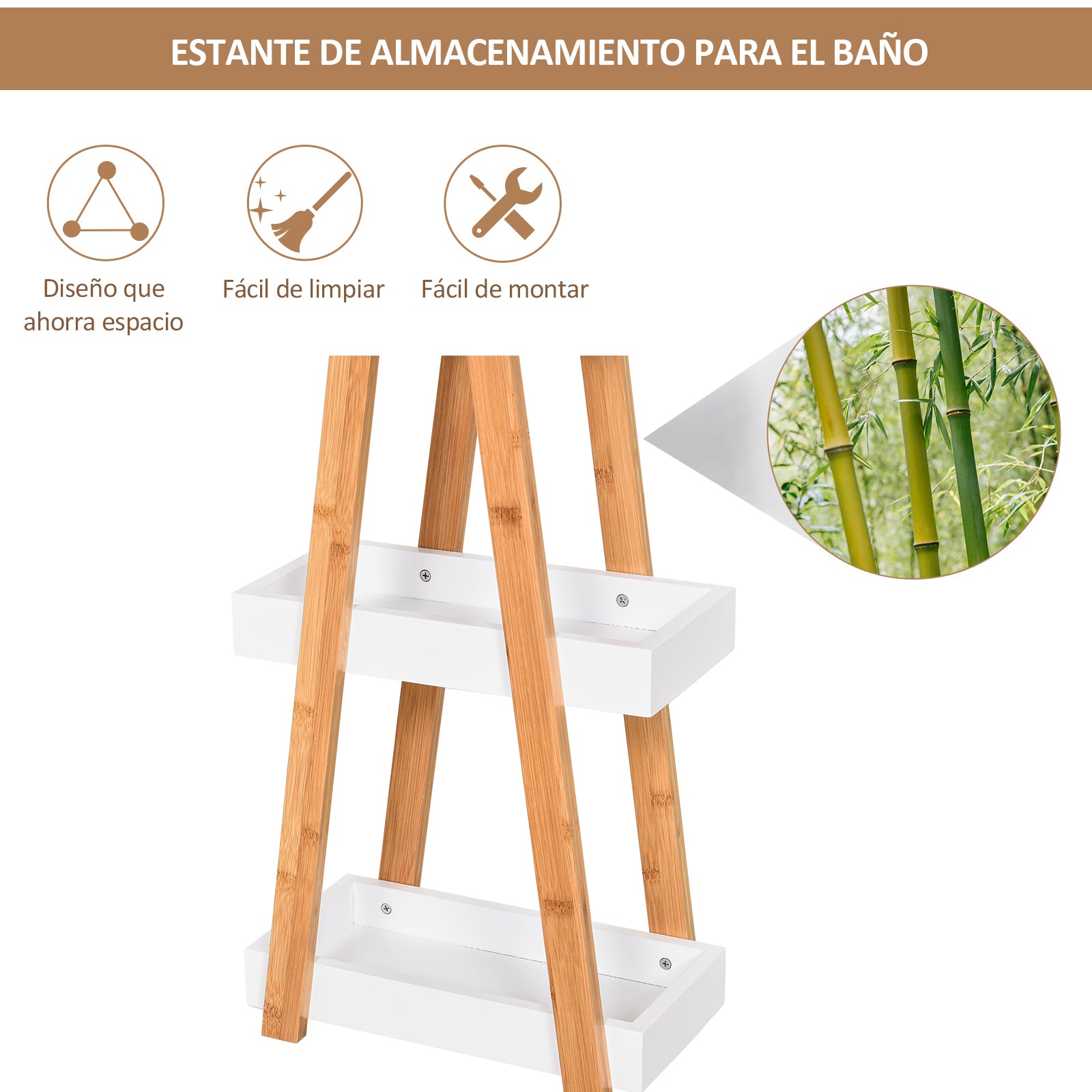 Bamboo Bathroom Shelf with 3 Shelves Storage Shelf Wooden A-Frame 30x18x81 cm Natural and White