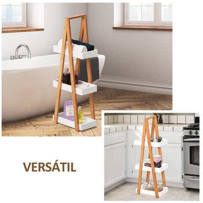 Bamboo Bathroom Shelf with 3 Shelves Storage Shelf Wooden A-Frame 30x18x81 cm Natural and White