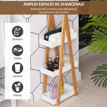 Bamboo Bathroom Shelf with 3 Shelves Storage Shelf Wooden A-Frame 30x18x81 cm Natural and White