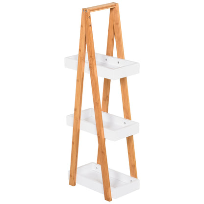 Bamboo Bathroom Shelf with 3 Shelves Storage Shelf Wooden A-Frame 30x18x81 cm Natural and White