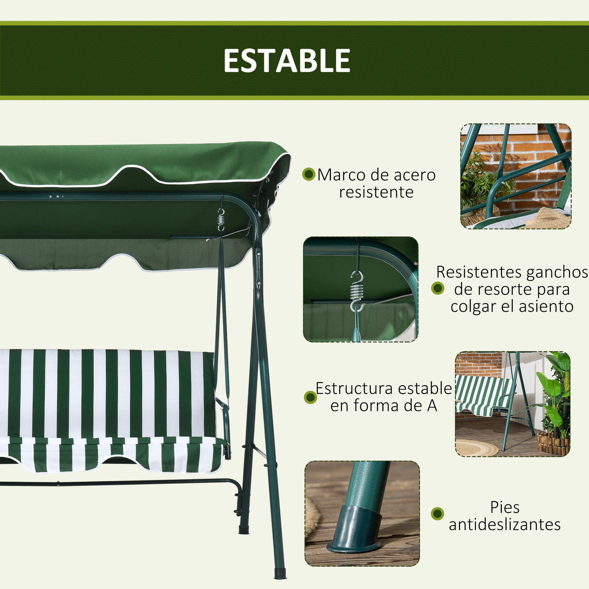 3-Seater Outdoor Garden Swing Chair with Adjustable Canopy and Steel Frame for Balcony, Terrace, Patio Load 240 kg 172x110x153 cm Green Stripe