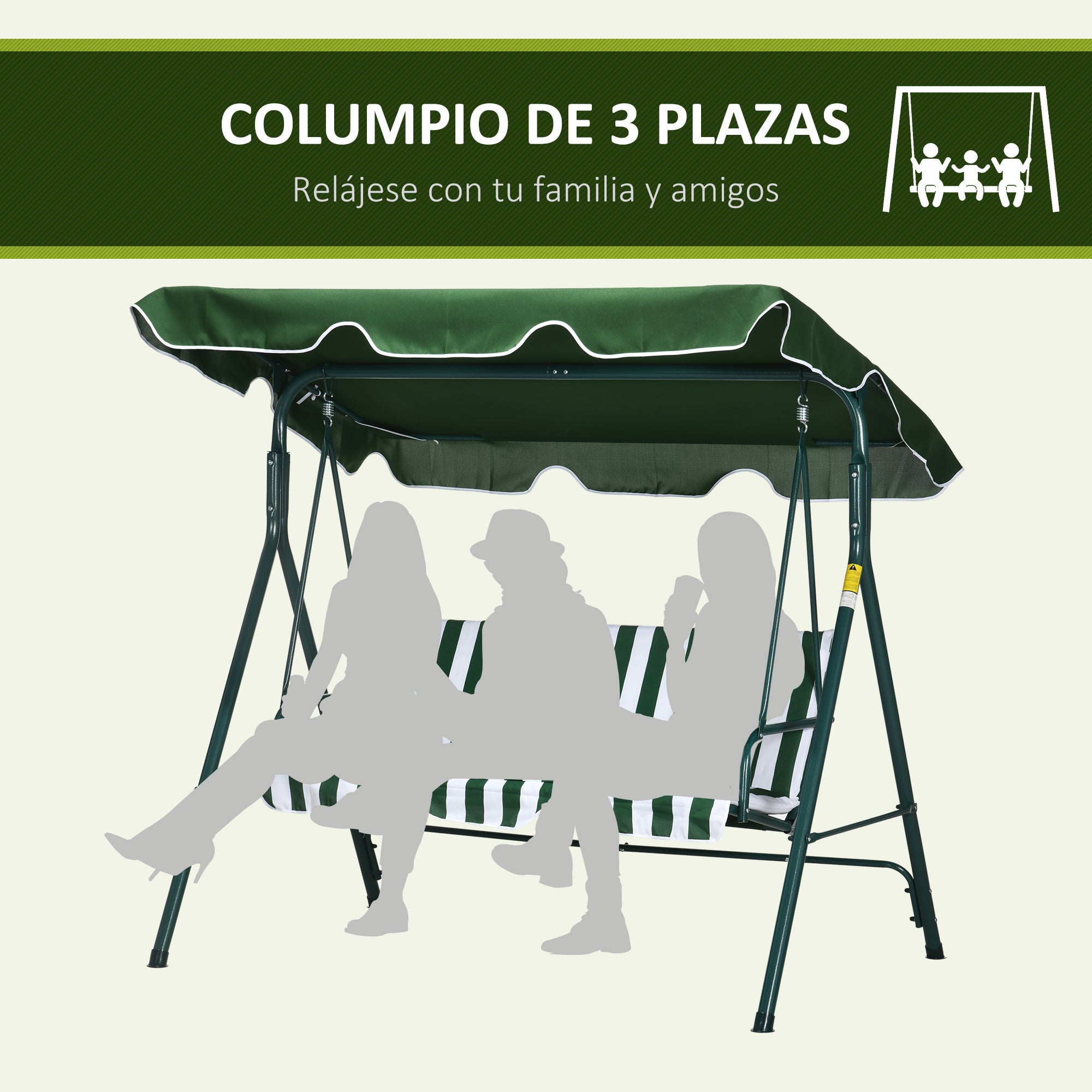 3-Seater Outdoor Garden Swing Chair with Adjustable Canopy and Steel Frame for Balcony, Terrace, Patio Load 240 kg 172x110x153 cm Green Stripe