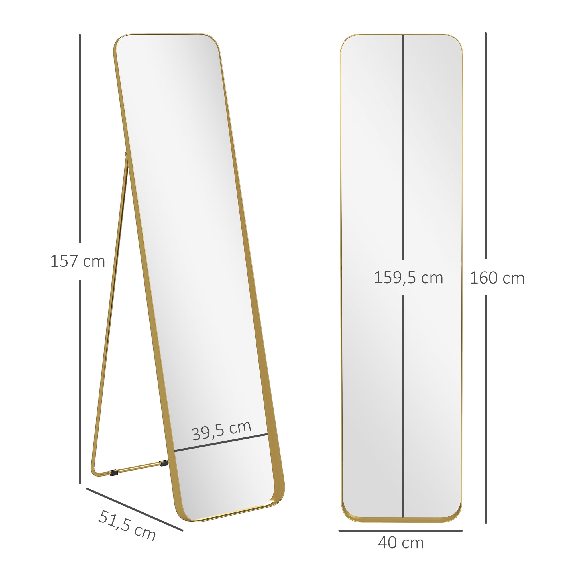 Full Body Mirror 160 x 40 cm Slimming Floor Mirror with Metal Frame and Shatterproof Glass, Stand Mirror for Standing, Leaning, Mirror for Living Room, Bedroom, Hallway, Gold