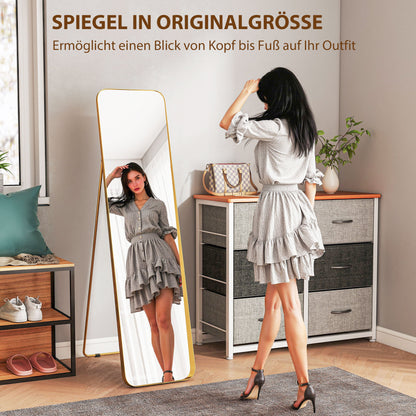 Full Body Mirror 160 x 40 cm Slimming Floor Mirror with Metal Frame and Shatterproof Glass, Stand Mirror for Standing, Leaning, Mirror for Living Room, Bedroom, Hallway, Gold