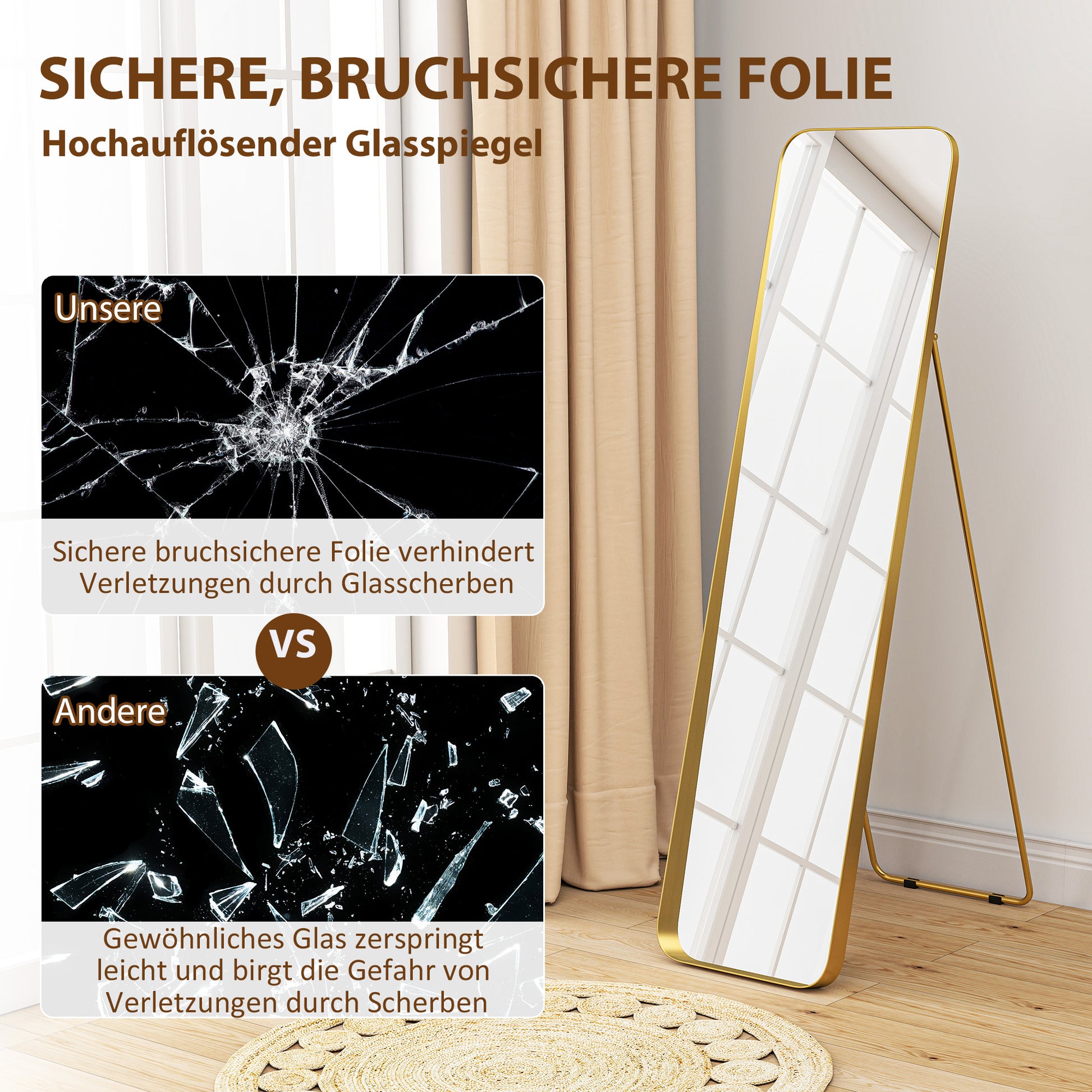 Full Body Mirror 160 x 40 cm Slimming Floor Mirror with Metal Frame and Shatterproof Glass, Stand Mirror for Standing, Leaning, Mirror for Living Room, Bedroom, Hallway, Gold
