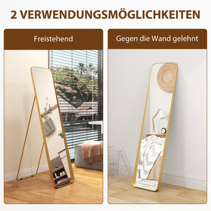 Full Body Mirror 160 x 40 cm Slimming Floor Mirror with Metal Frame and Shatterproof Glass, Stand Mirror for Standing, Leaning, Mirror for Living Room, Bedroom, Hallway, Gold