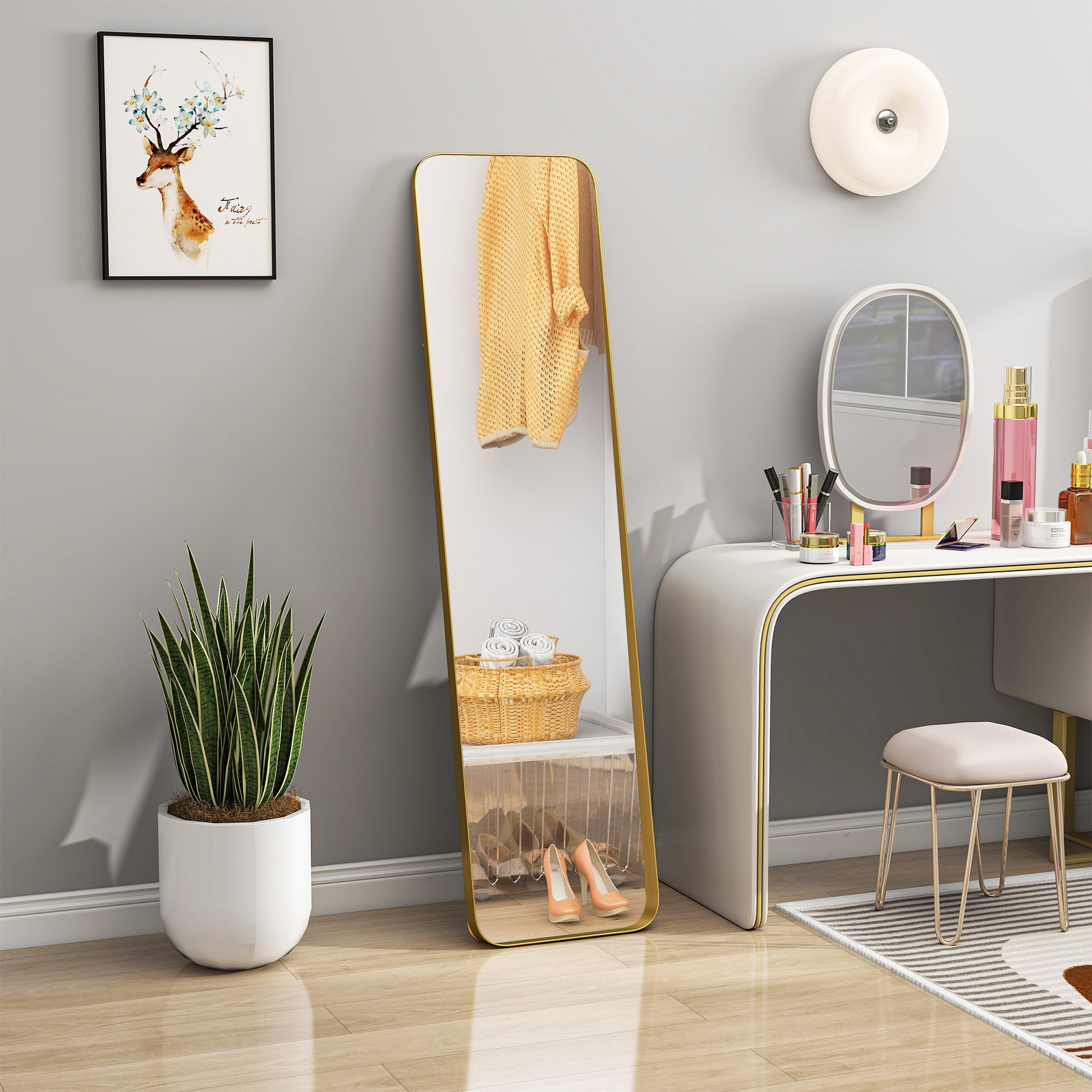 Full Body Mirror 160 x 40 cm Slimming Floor Mirror with Metal Frame and Shatterproof Glass, Stand Mirror for Standing, Leaning, Mirror for Living Room, Bedroom, Hallway, Gold