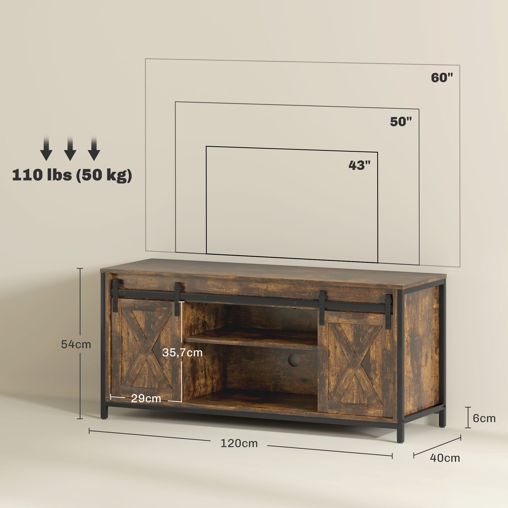 TV Cabinet TV Stand with 2 Sliding Doors 120 cm long TV Lowboard with integrated cable management for TVs up to 60 inches TV shelf for living room Brown 120 x 40 x 54 cm