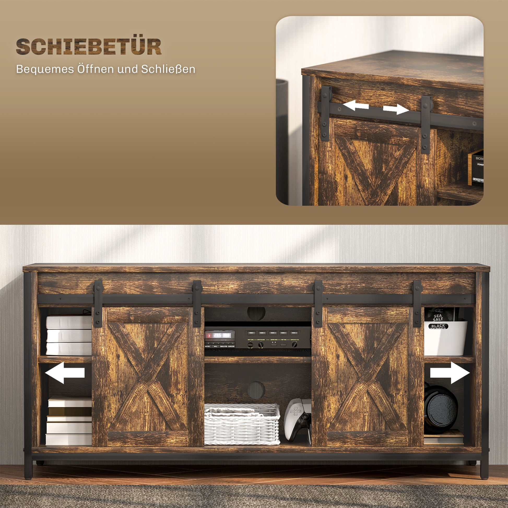 TV Cabinet TV Stand with 2 Sliding Doors 120 cm long TV Lowboard with integrated cable management for TVs up to 60 inches TV shelf for living room Brown 120 x 40 x 54 cm