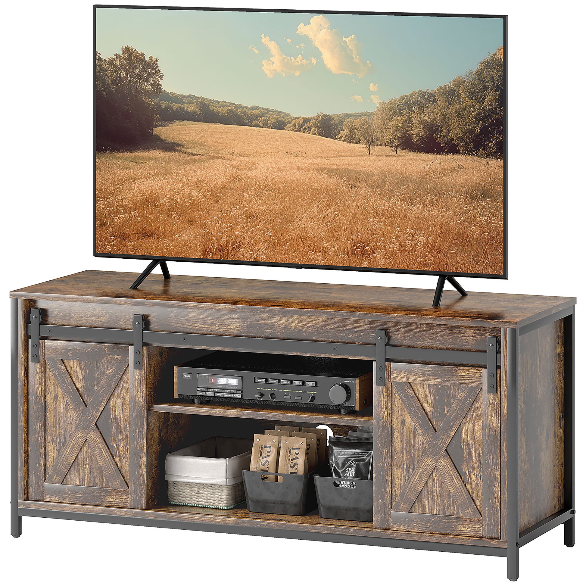 TV Cabinet TV Stand with 2 Sliding Doors 120 cm long TV Lowboard with integrated cable management for TVs up to 60 inches TV shelf for living room Brown 120 x 40 x 54 cm