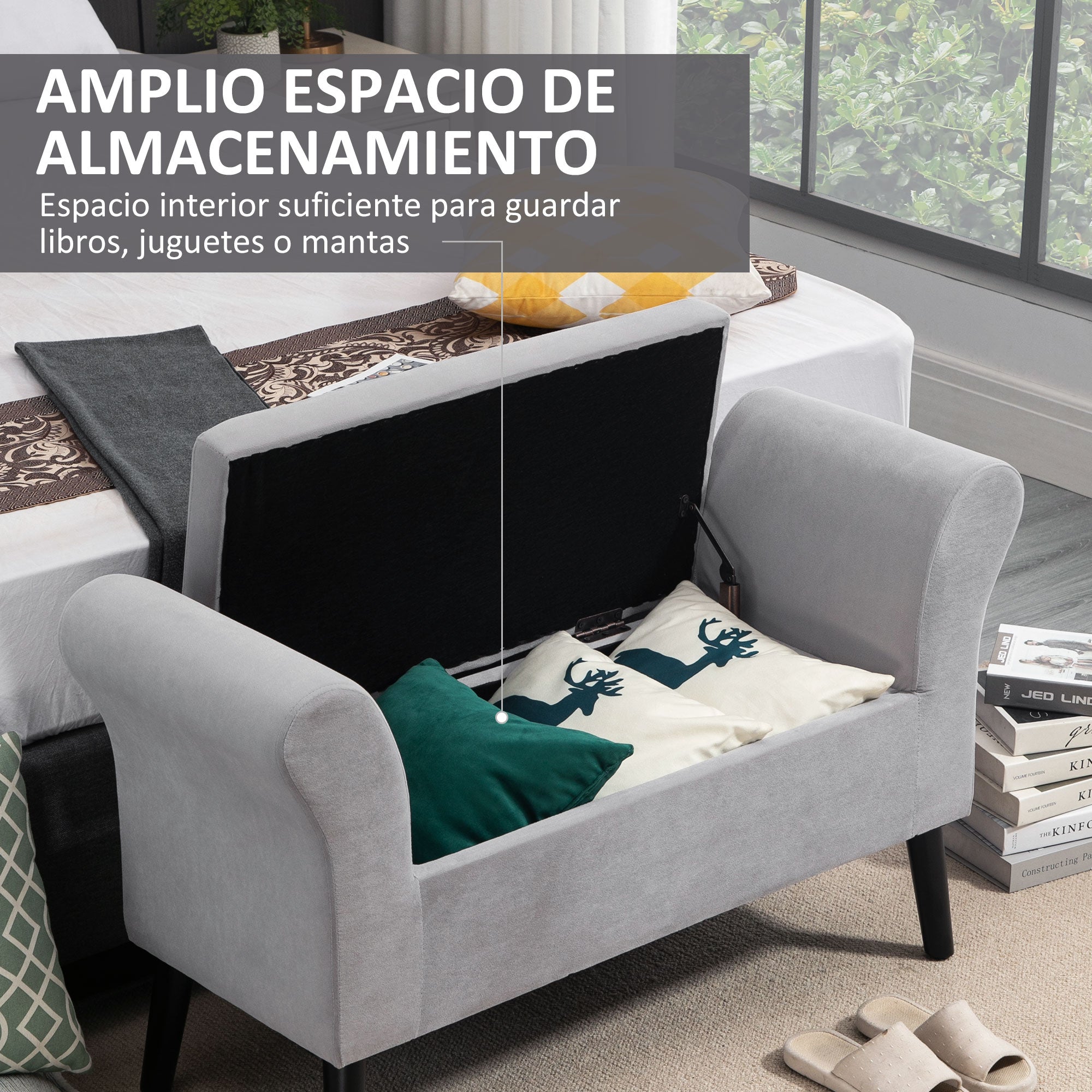Storage Bench for Bedroom Upholstered Bench with Flip Top Armrests and Wooden Legs for Living Room 111.5x41x65 cm Light Gray