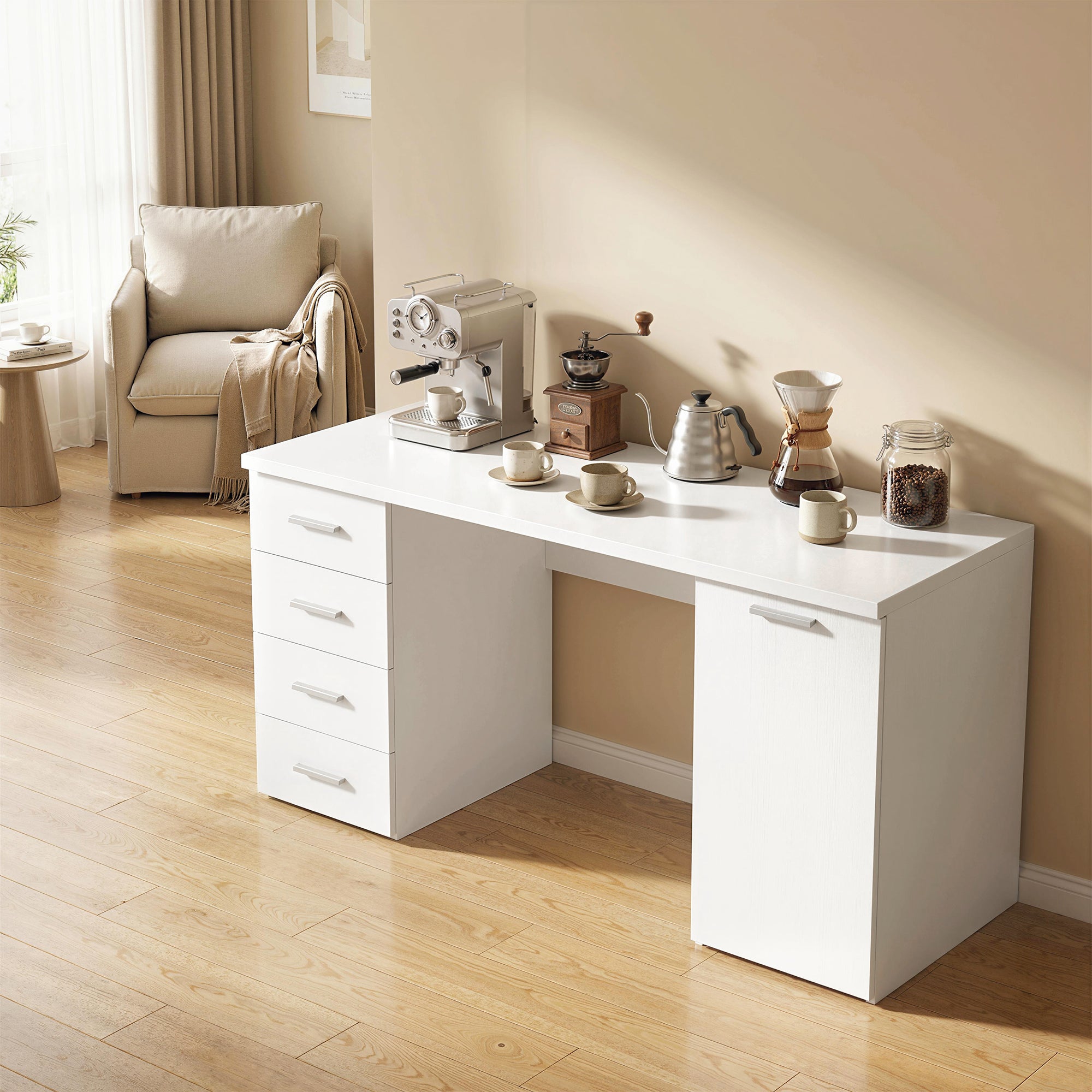 Computer Desk with 4 Drawers, 55.1 x 18.9 x 29.5 in Desk with Cabinet & Adjustable Shelf, Modern Office Desk for Office or Bedroom, White