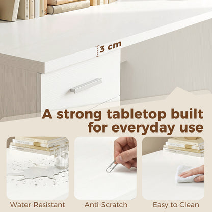 Computer Desk with 4 Drawers, 55.1 x 18.9 x 29.5 in Desk with Cabinet & Adjustable Shelf, Modern Office Desk for Office or Bedroom, White