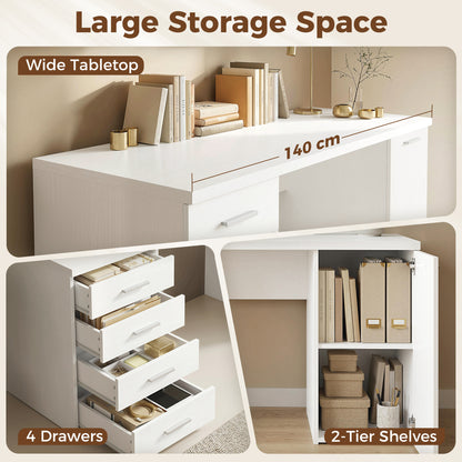 Computer Desk with 4 Drawers, 55.1 x 18.9 x 29.5 in Desk with Cabinet & Adjustable Shelf, Modern Office Desk for Office or Bedroom, White