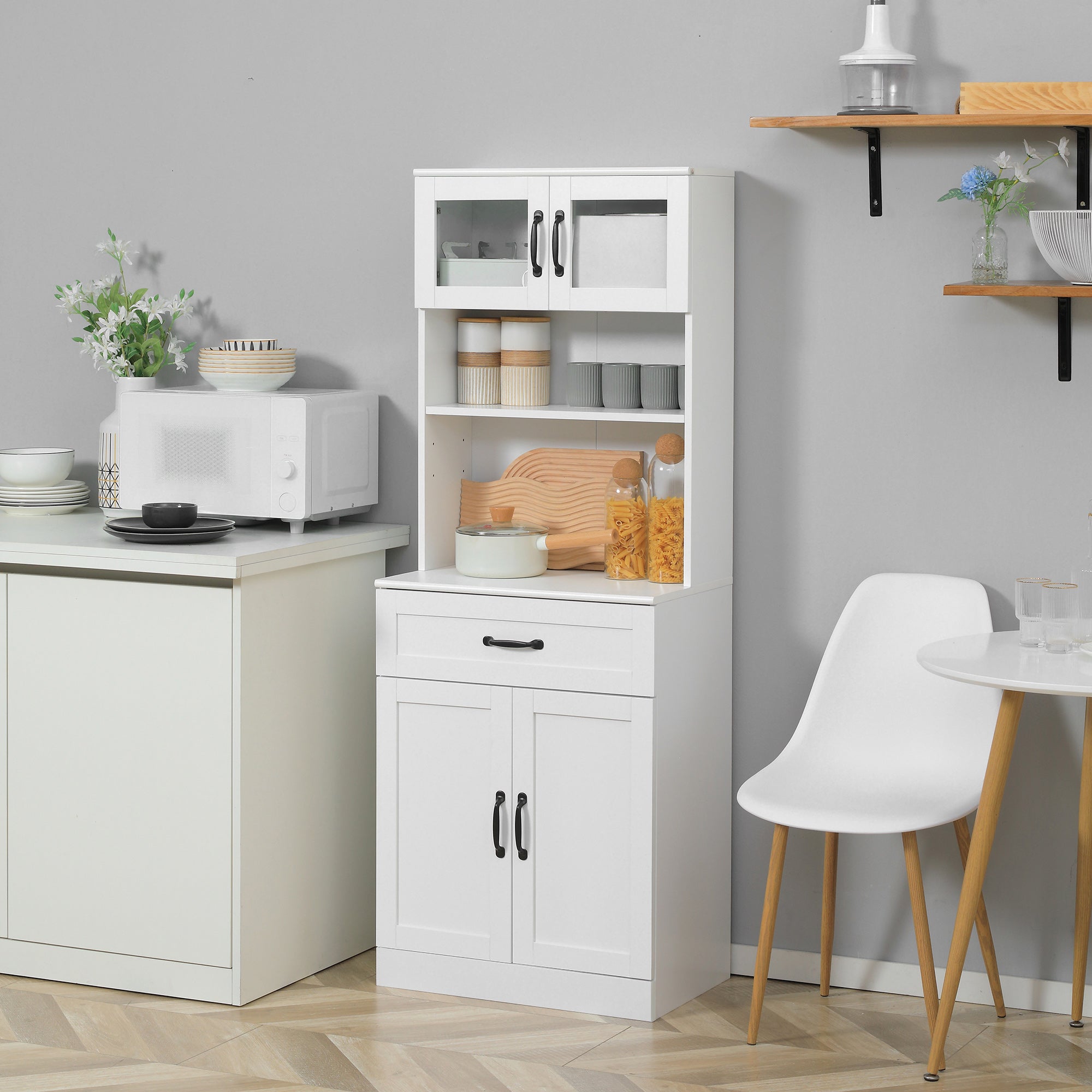Kitchen Pantry Cabinet Buffet with 4 Doors Drawer and Adjustable Shelves for Dining Room Modern Style 60x38x161 cm White