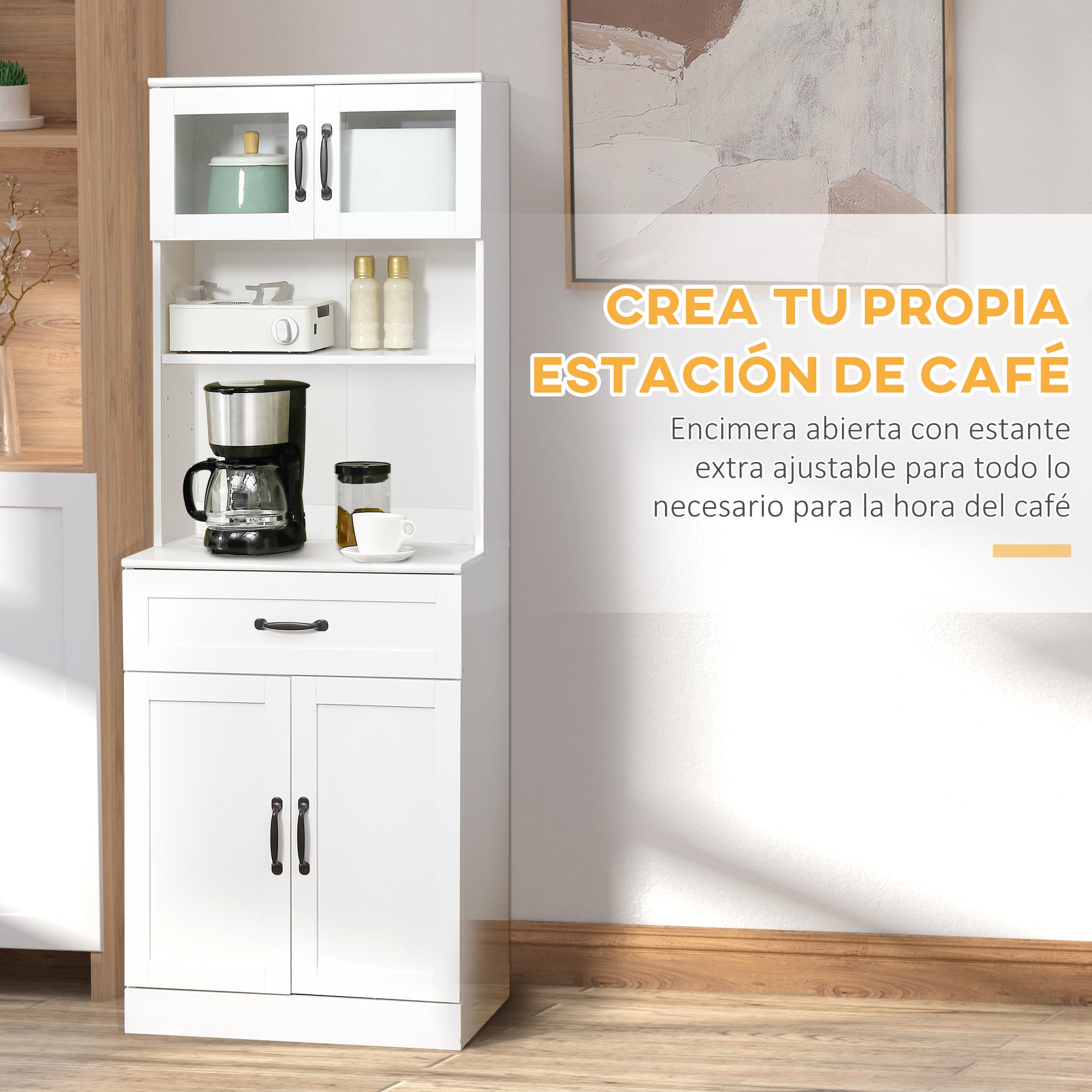 Kitchen Pantry Cabinet Buffet with 4 Doors Drawer and Adjustable Shelves for Dining Room Modern Style 60x38x161 cm White