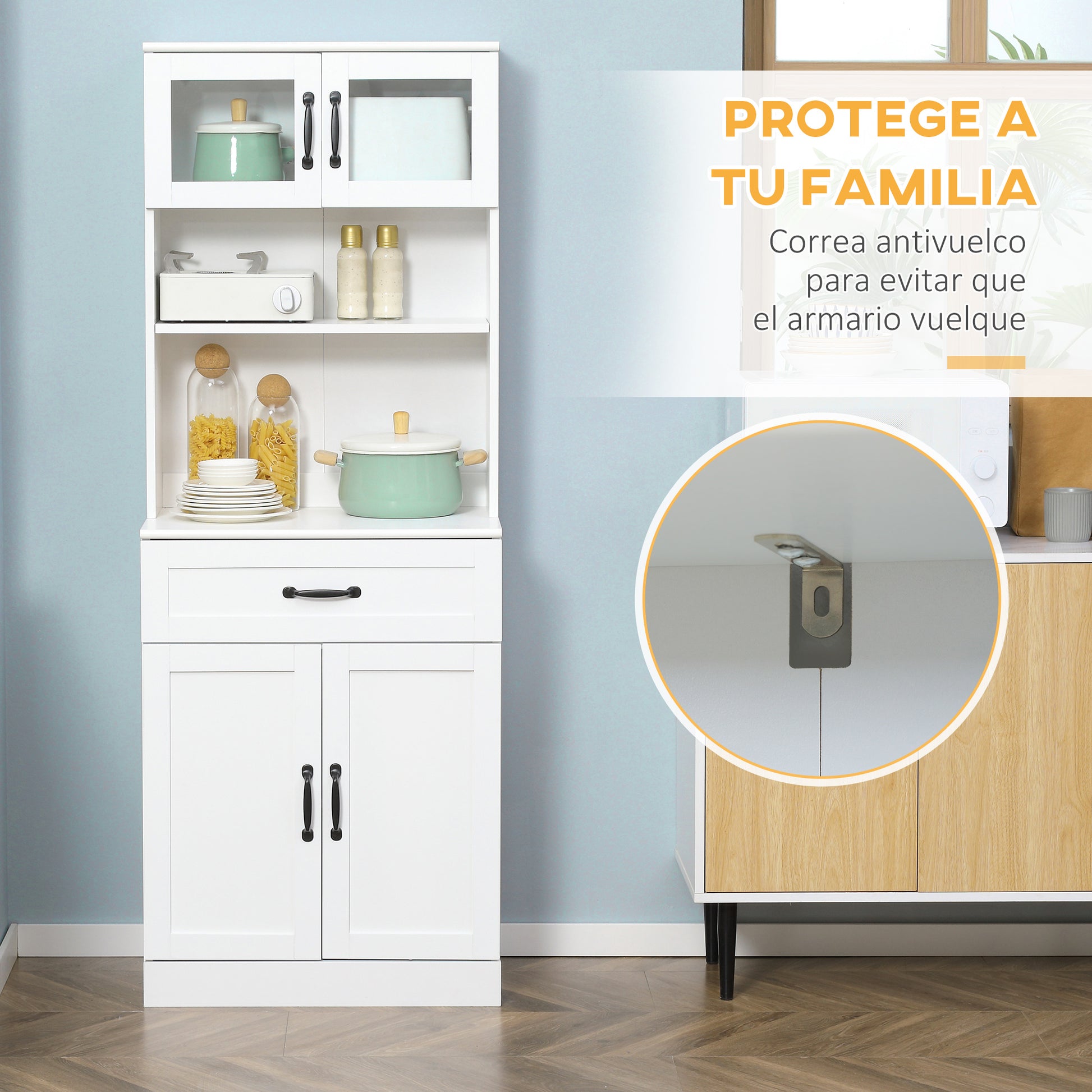 Kitchen Pantry Cabinet Buffet with 4 Doors Drawer and Adjustable Shelves for Dining Room Modern Style 60x38x161 cm White