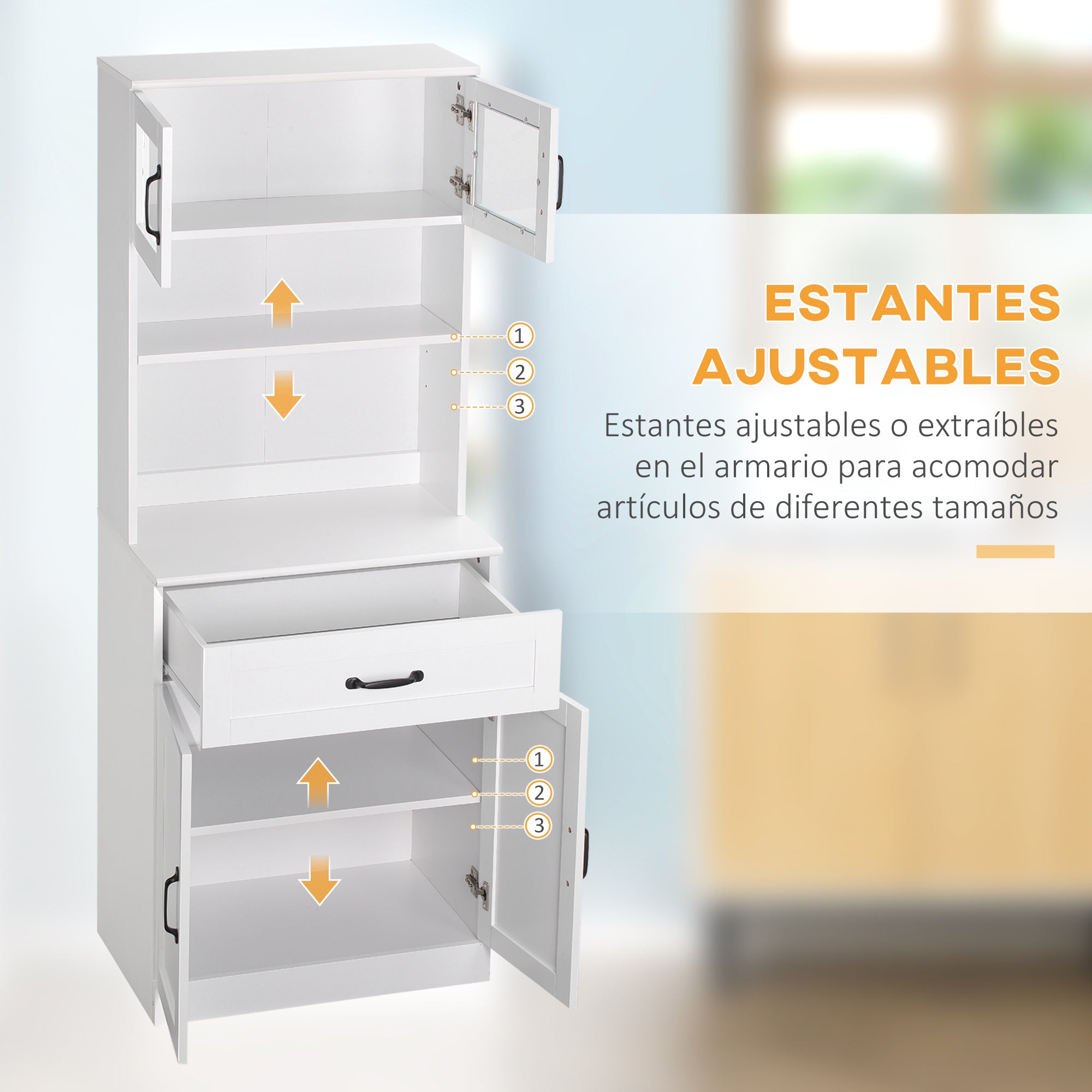 Kitchen Pantry Cabinet Buffet with 4 Doors Drawer and Adjustable Shelves for Dining Room Modern Style 60x38x161 cm White