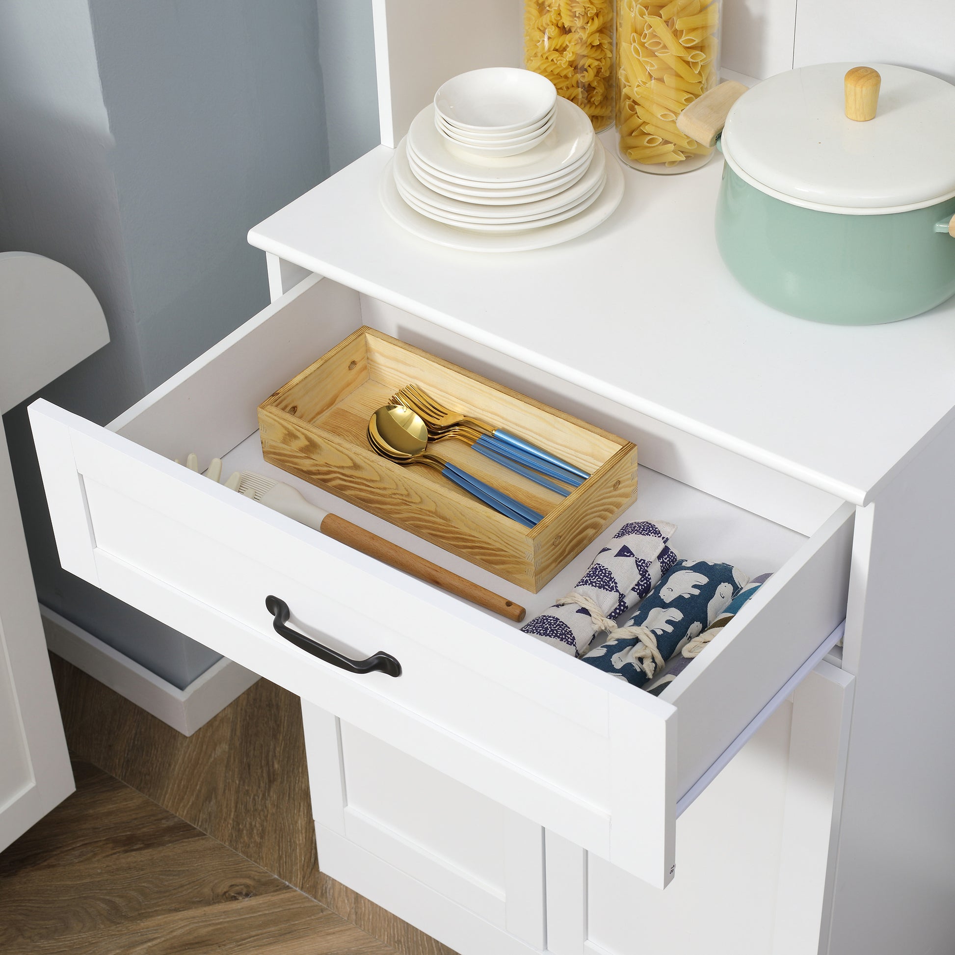 Kitchen Pantry Cabinet Buffet with 4 Doors Drawer and Adjustable Shelves for Dining Room Modern Style 60x38x161 cm White