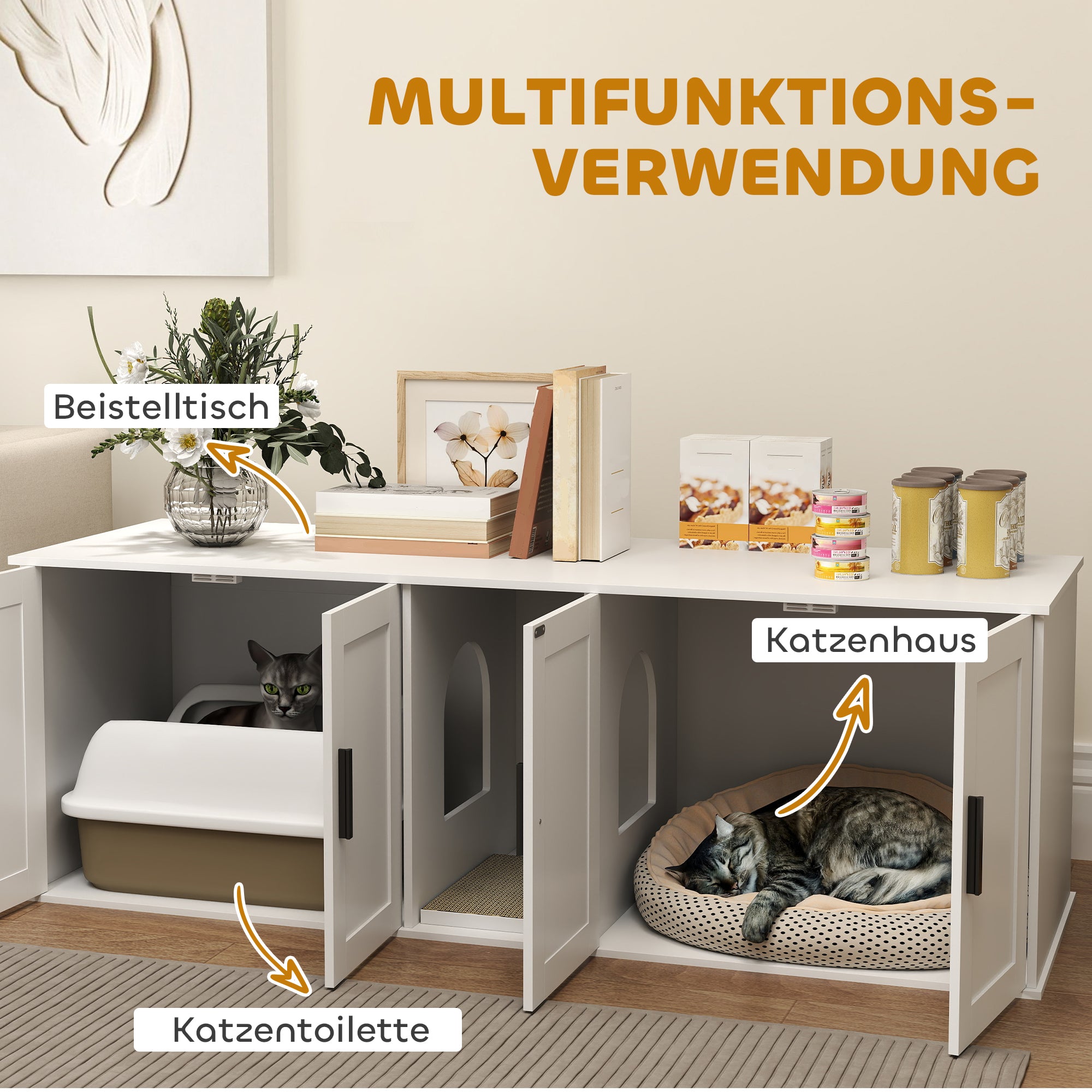 Cat Litter Box Cabinet Cat House with Door Partition Cat Toilet Cat Cabinet for Large Cats Side Table Cat Cave 145 x 49 x 51 cm White