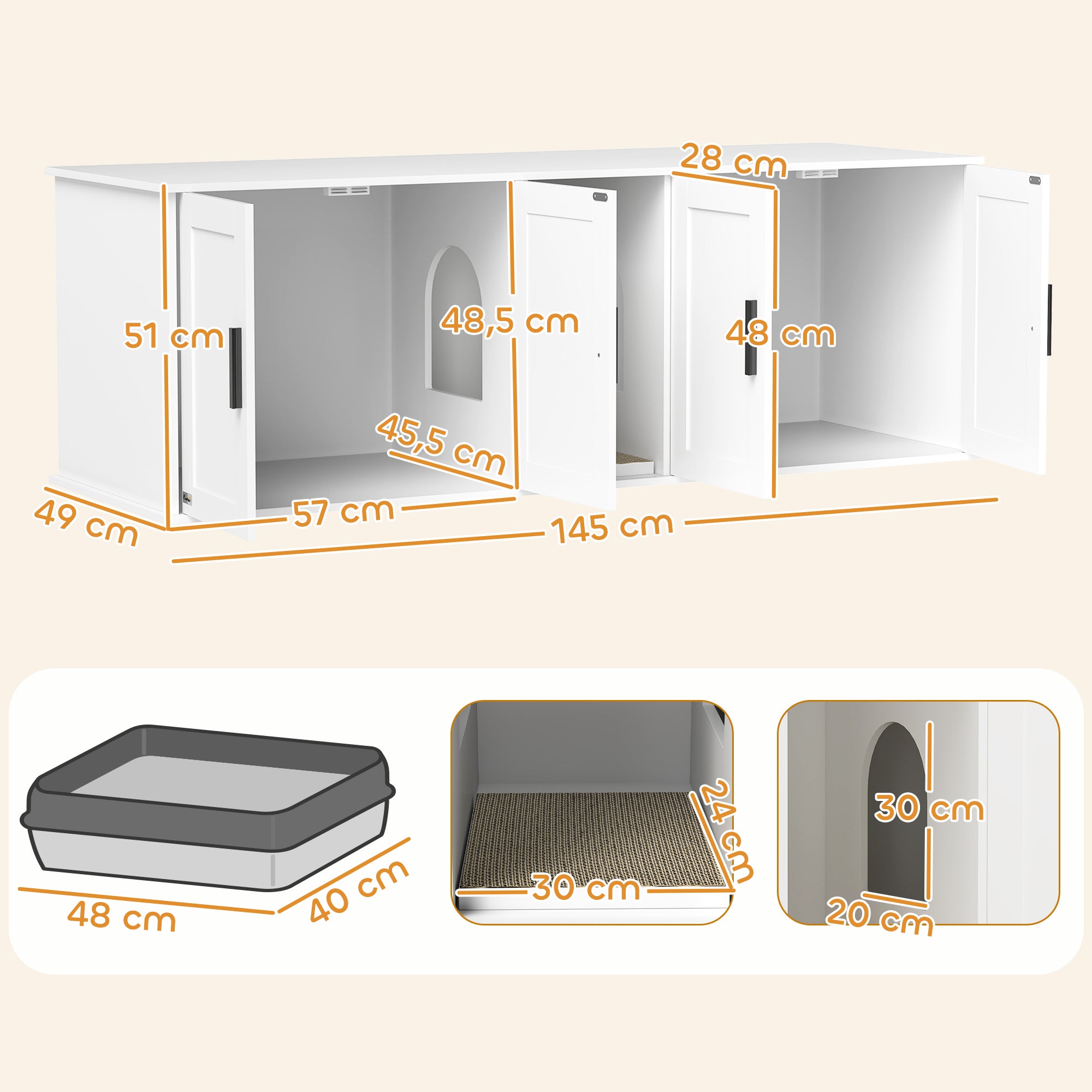 Cat Litter Box Cabinet Cat House with Door Partition Cat Toilet Cat Cabinet for Large Cats Side Table Cat Cave 145 x 49 x 51 cm White