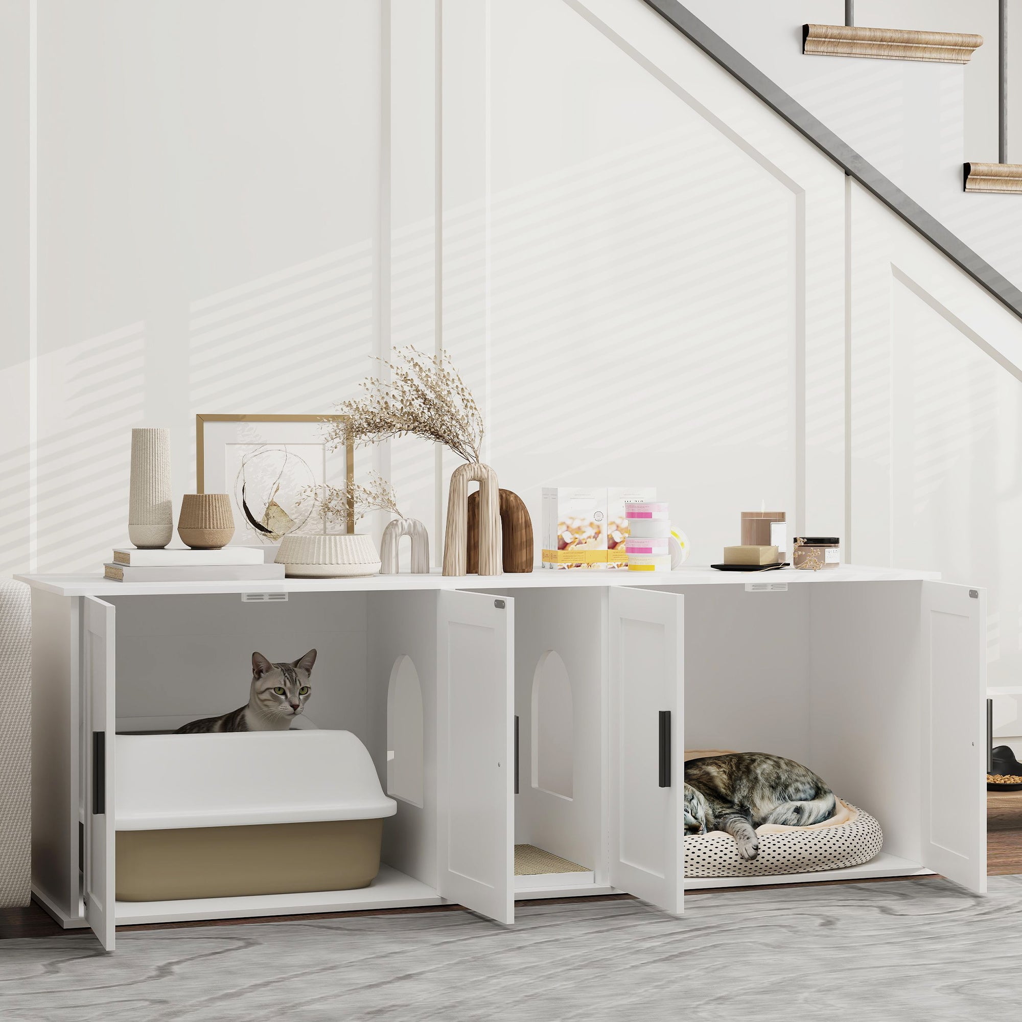 Cat Litter Box Cabinet Cat House with Door Partition Cat Toilet Cat Cabinet for Large Cats Side Table Cat Cave 145 x 49 x 51 cm White