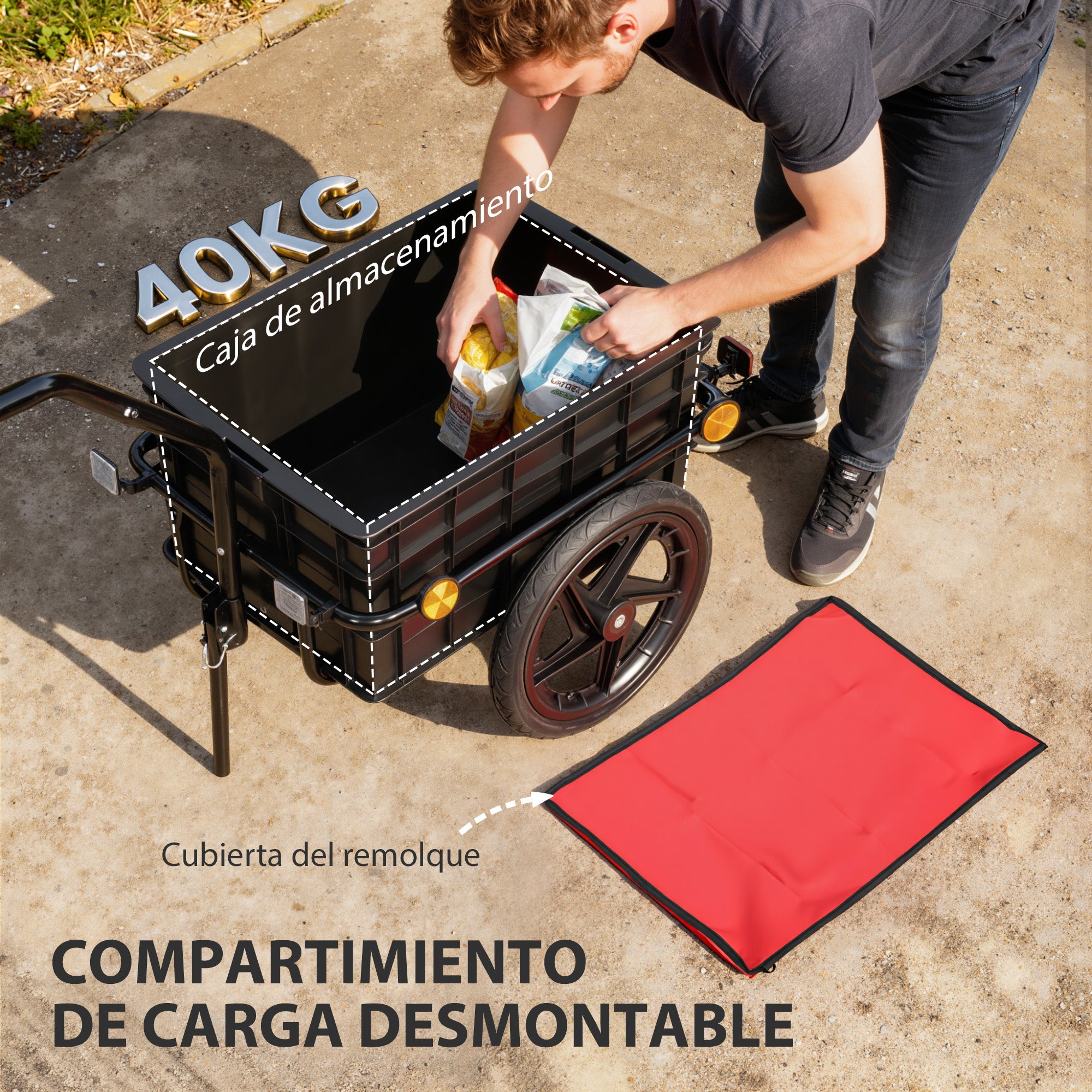 Bicycle Cargo Trailer 40 kg — Hand Cart with Waterproof Oxford Cover, Reflectors, Steel Frame & Handles, 144 x 59 x 80 cm, Red & Black