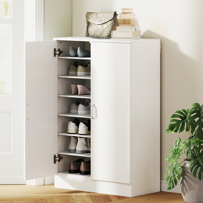 2-Door Shoe Cabinet with 6 Adjustable Shelves, Soft-Close, Stores up to 21 Pairs – Natural Wood Finish (27.6 x 13.8 x 42.5 in)