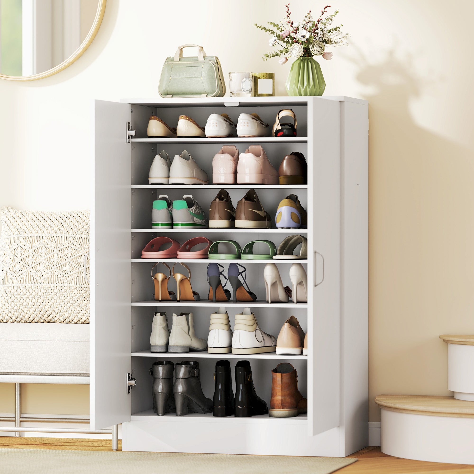 2-Door Shoe Cabinet with 6 Adjustable Shelves, Soft-Close, Stores up to 21 Pairs – Natural Wood Finish (27.6 x 13.8 x 42.5 in)