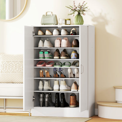 2-Door Shoe Cabinet with 6 Adjustable Shelves, Soft-Close, Stores up to 21 Pairs – Natural Wood Finish (27.6 x 13.8 x 42.5 in)
