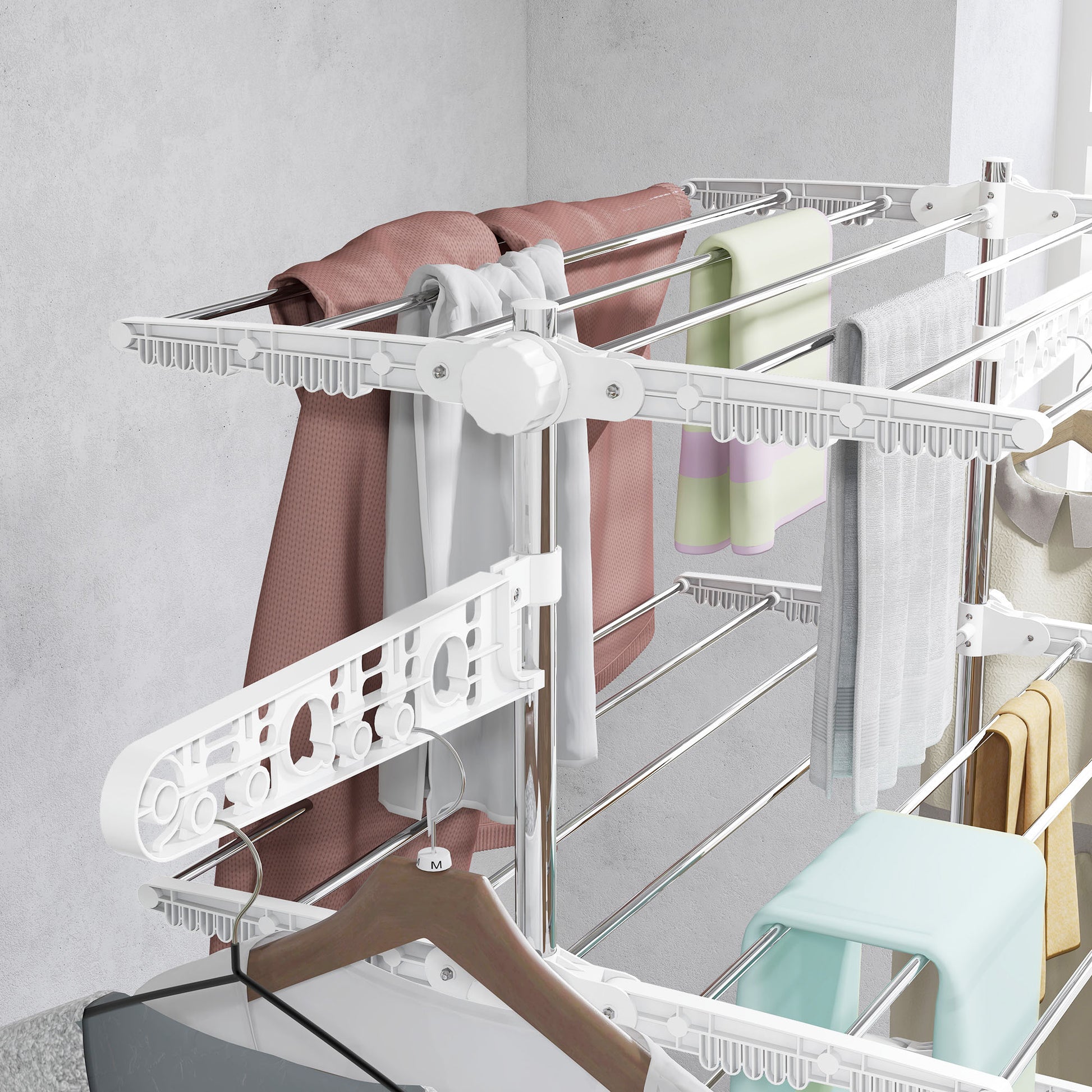 Clothes Rack Tower Clothes Dryer with 4 Levels, Foldable Wings, Wheels, Tower Clothes Rack for Indoor and Outdoor Use, 142 x 55 x 172 cm, White