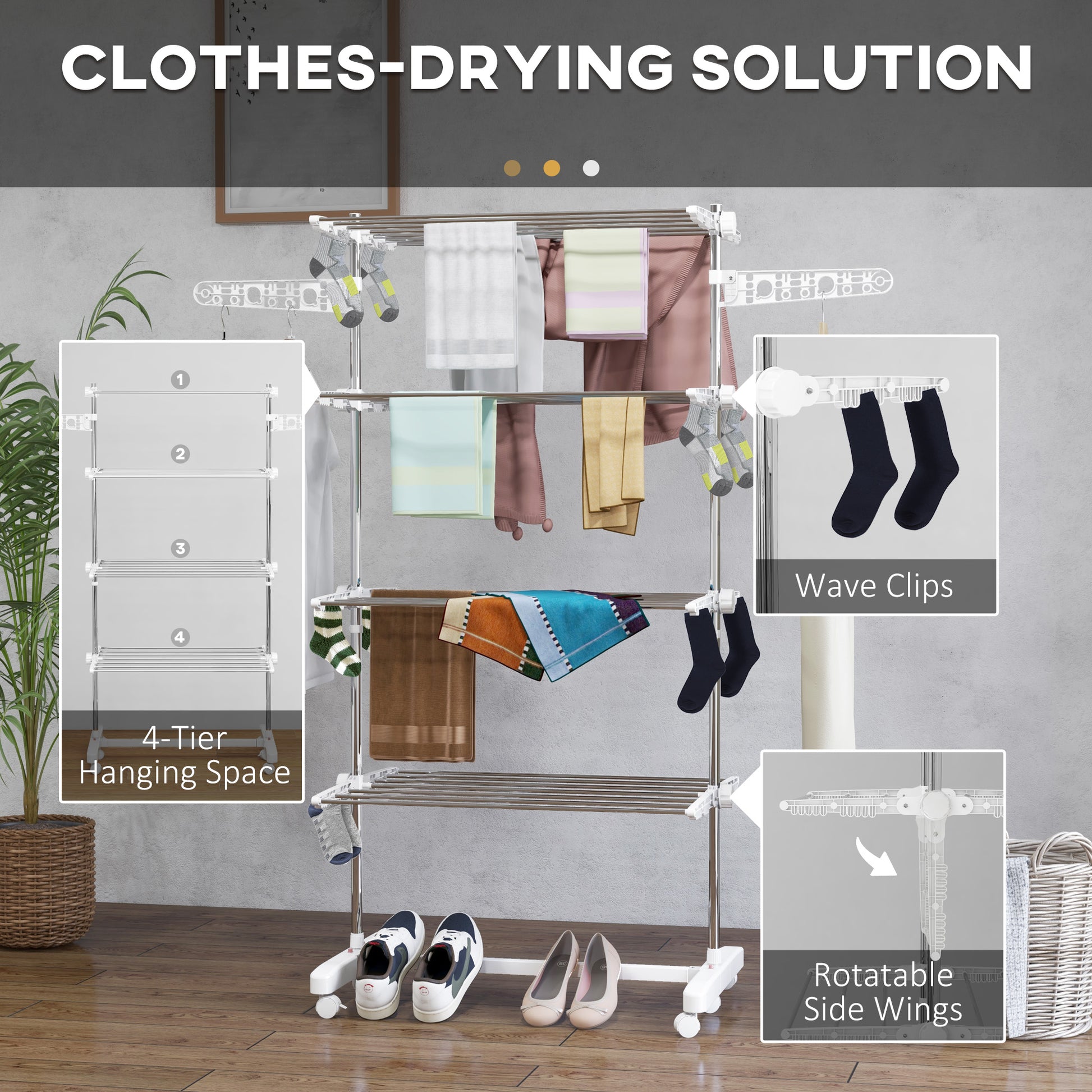 Clothes Rack Tower Clothes Dryer with 4 Levels, Foldable Wings, Wheels, Tower Clothes Rack for Indoor and Outdoor Use, 142 x 55 x 172 cm, White